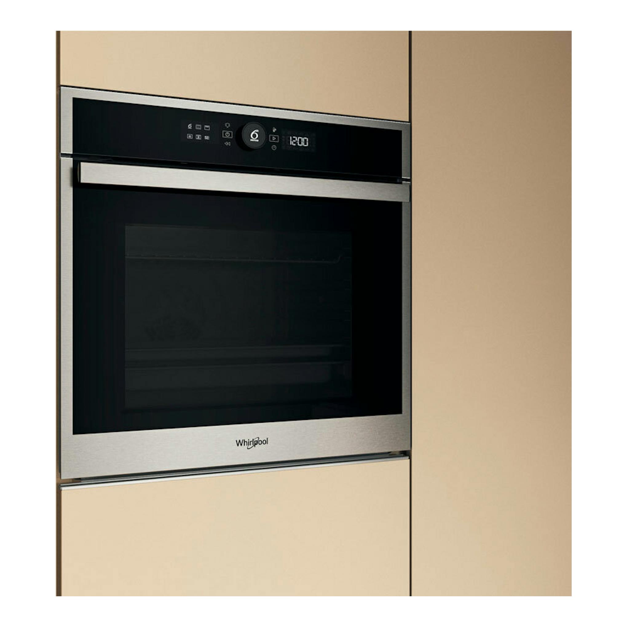 Horno empotrado Whirlpool WOI4S8HM1SXA en acero inoxidable, vista frontal con puerta de vidrio negro.