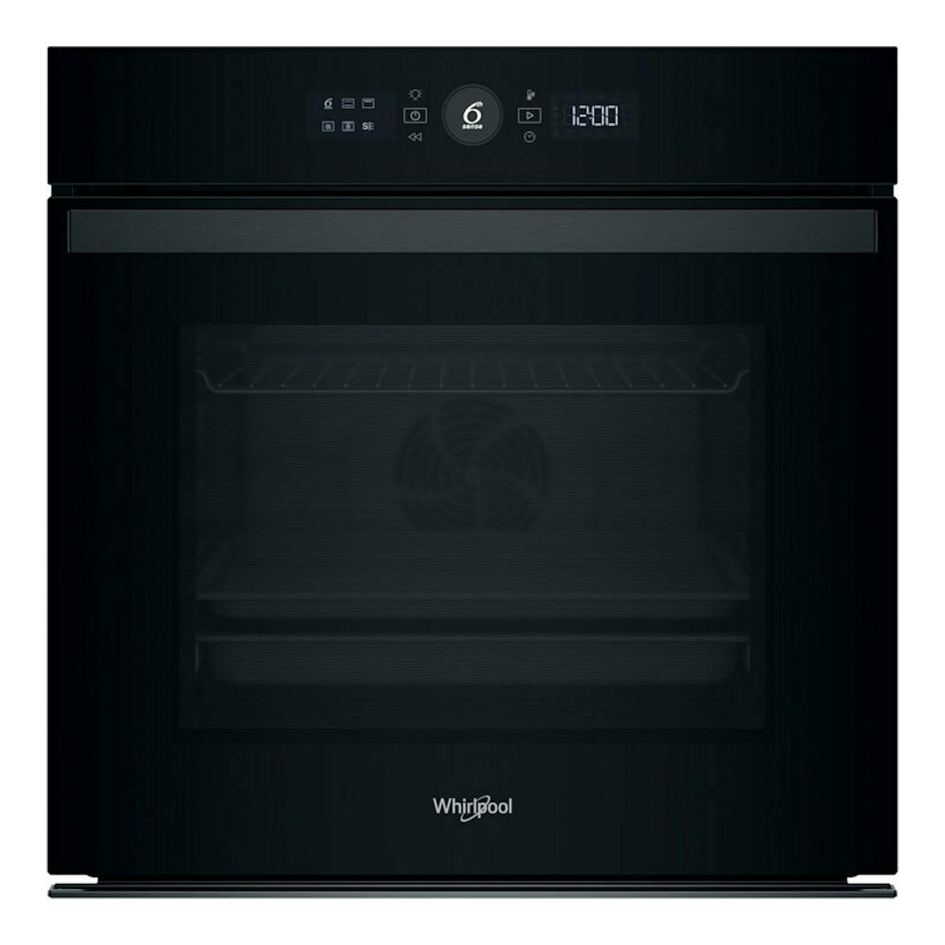 Horno Whirlpool WOI4S8PM1SB negro, vista frontal, con panel digital y puerta de vidrio.
