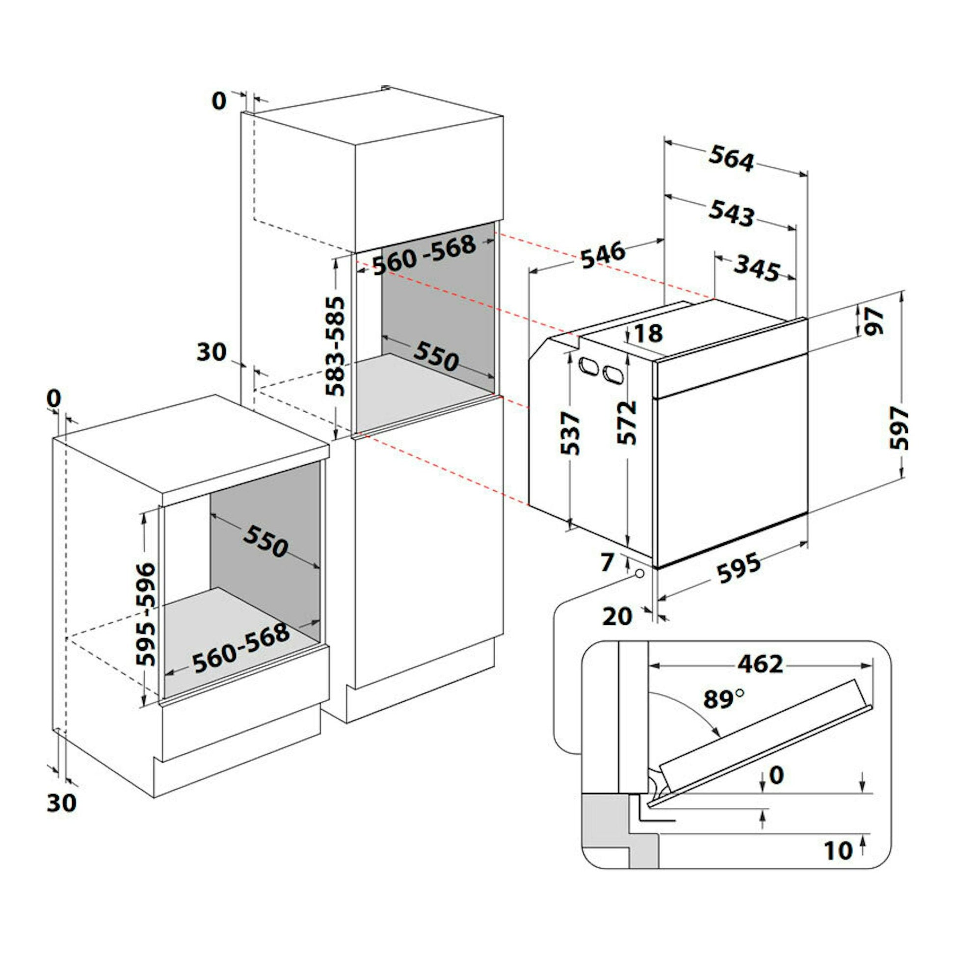 Diagrama técnico de instalación de horno Whirlpool WOI4S8PM1SB negro, vista frontal y lateral con medidas.