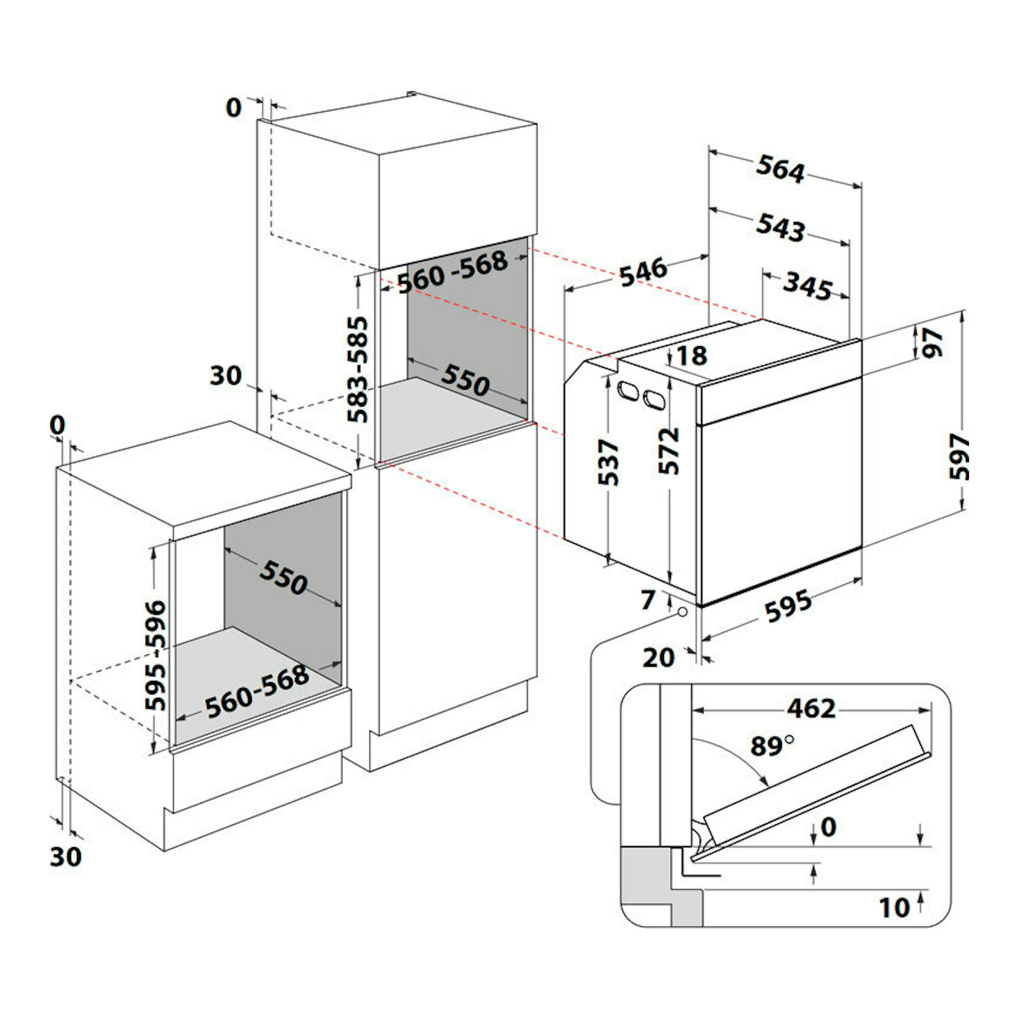 Diagrama técnico de instalación de horno Whirlpool WOI4S8PM1SB negro, vista frontal y lateral con medidas.