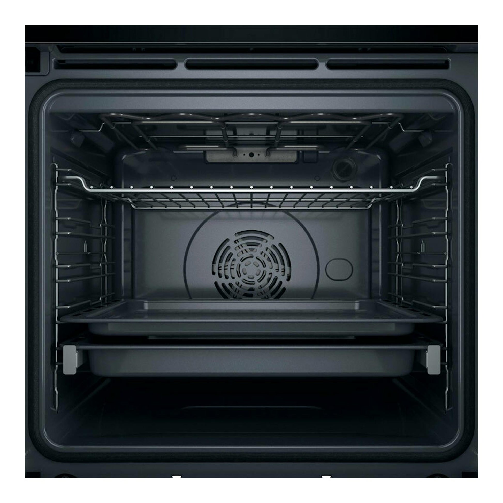 Horno Whirlpool WOI4S8PM1SB negro, vista frontal del interior con rejillas y ventilador.