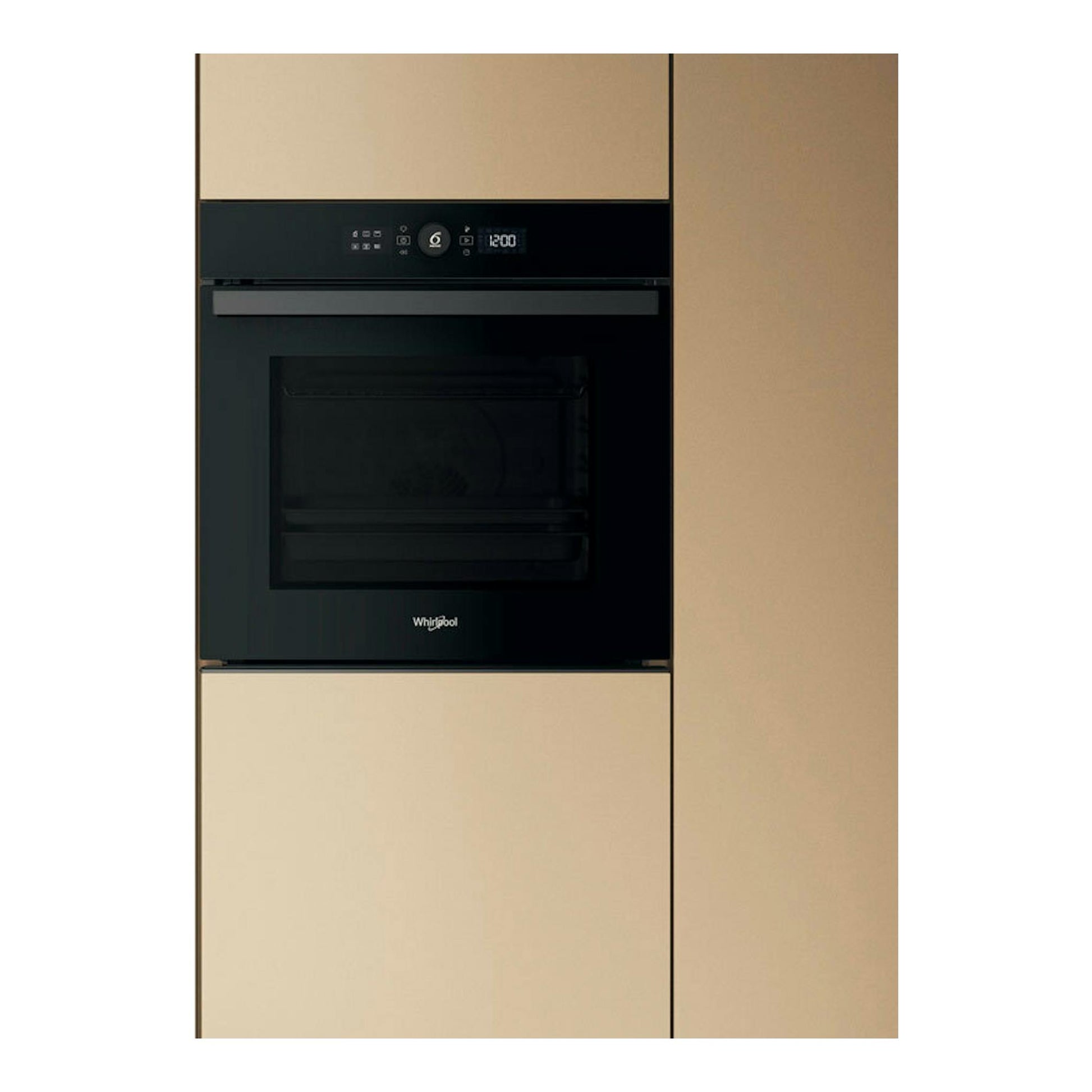 Horno empotrado Whirlpool WOI4S8PM1SB negro, vista frontal, integrado en muebles beige.