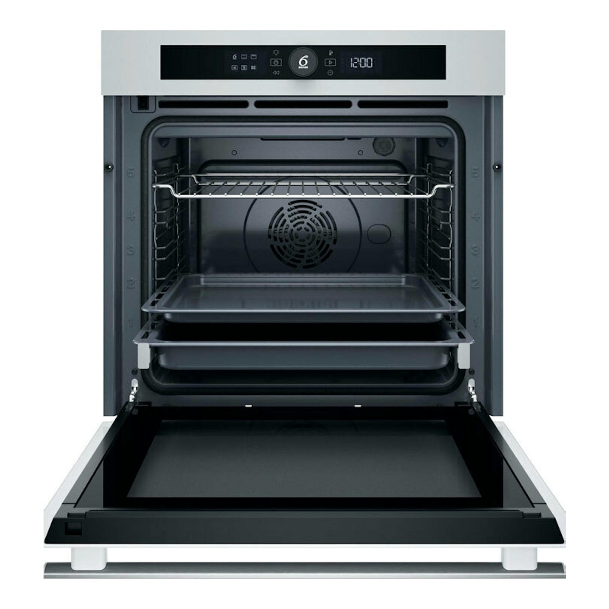 Horno Whirlpool WOI4S8PM1SWA blanco, vista frontal con puerta abatible abierta e interior gris oscuro.