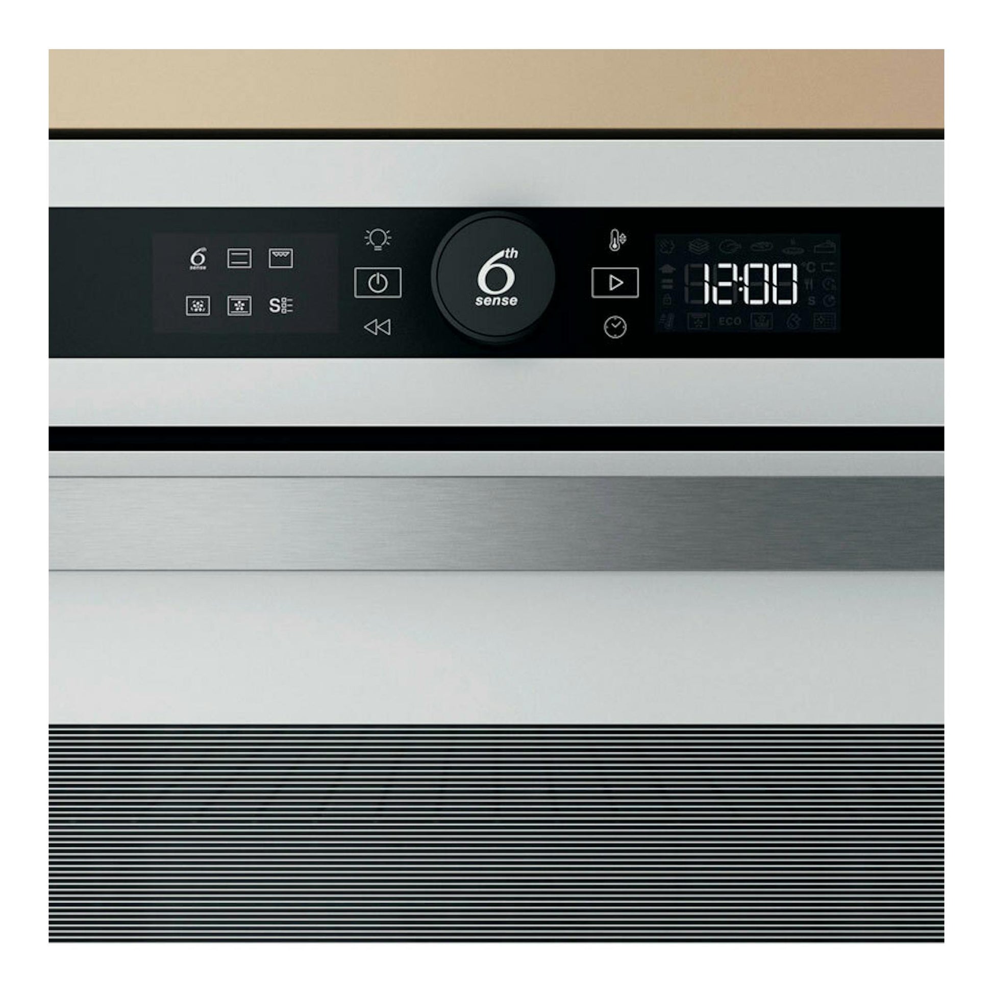 Horno Whirlpool WOI4S8PM1SWA blanco, vista frontal, con panel negro digital y acabado en acero inoxidable.
