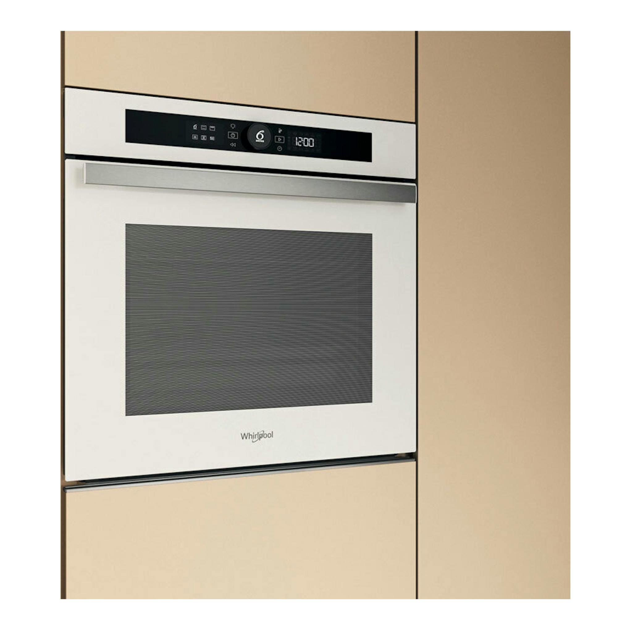 Horno empotrado Whirlpool WOI4S8PM1SWA blanco, vista frontal con panel digital y puerta de vidrio.