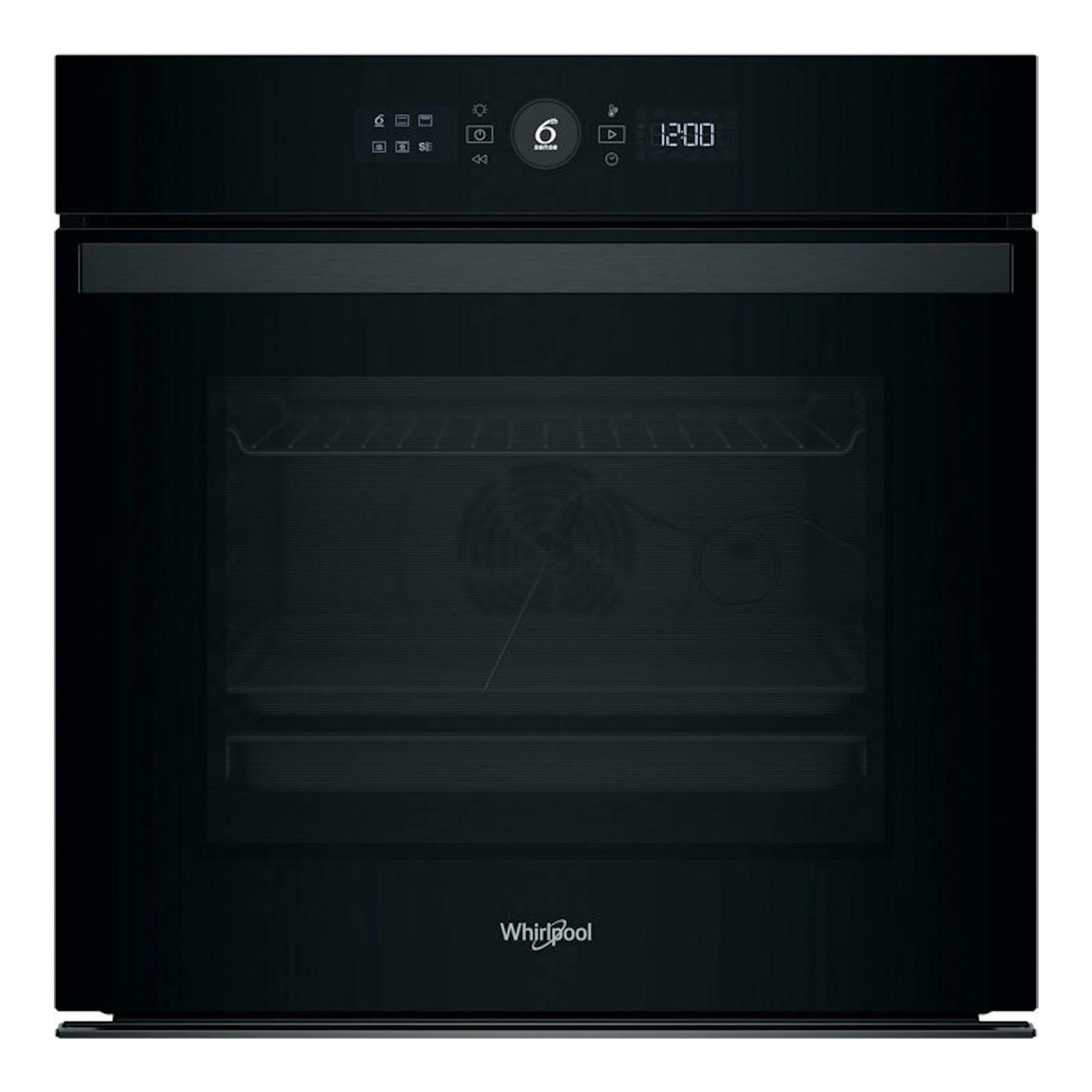 Horno empotrable Whirlpool WOI4S8PPM1SB negro, vista frontal, con panel digital y puerta de vidrio.