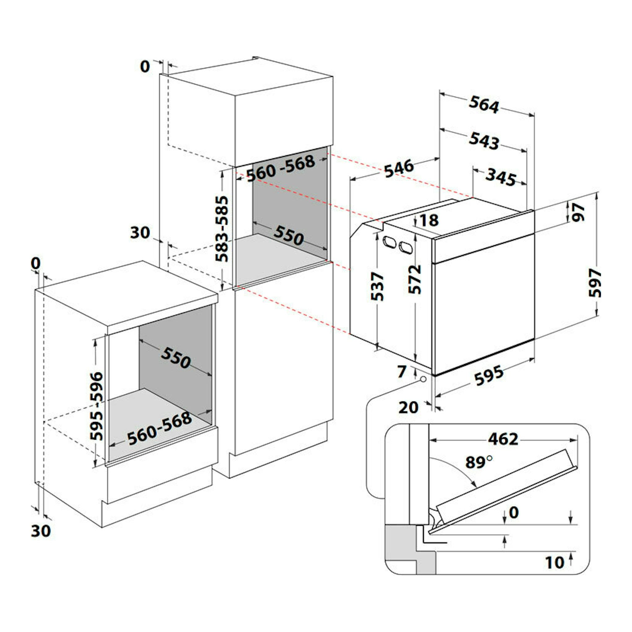 Diagrama de instalación del horno empotrable Whirlpool WOI4S8PPM1SB negro, con vistas frontal y lateral y medidas.
