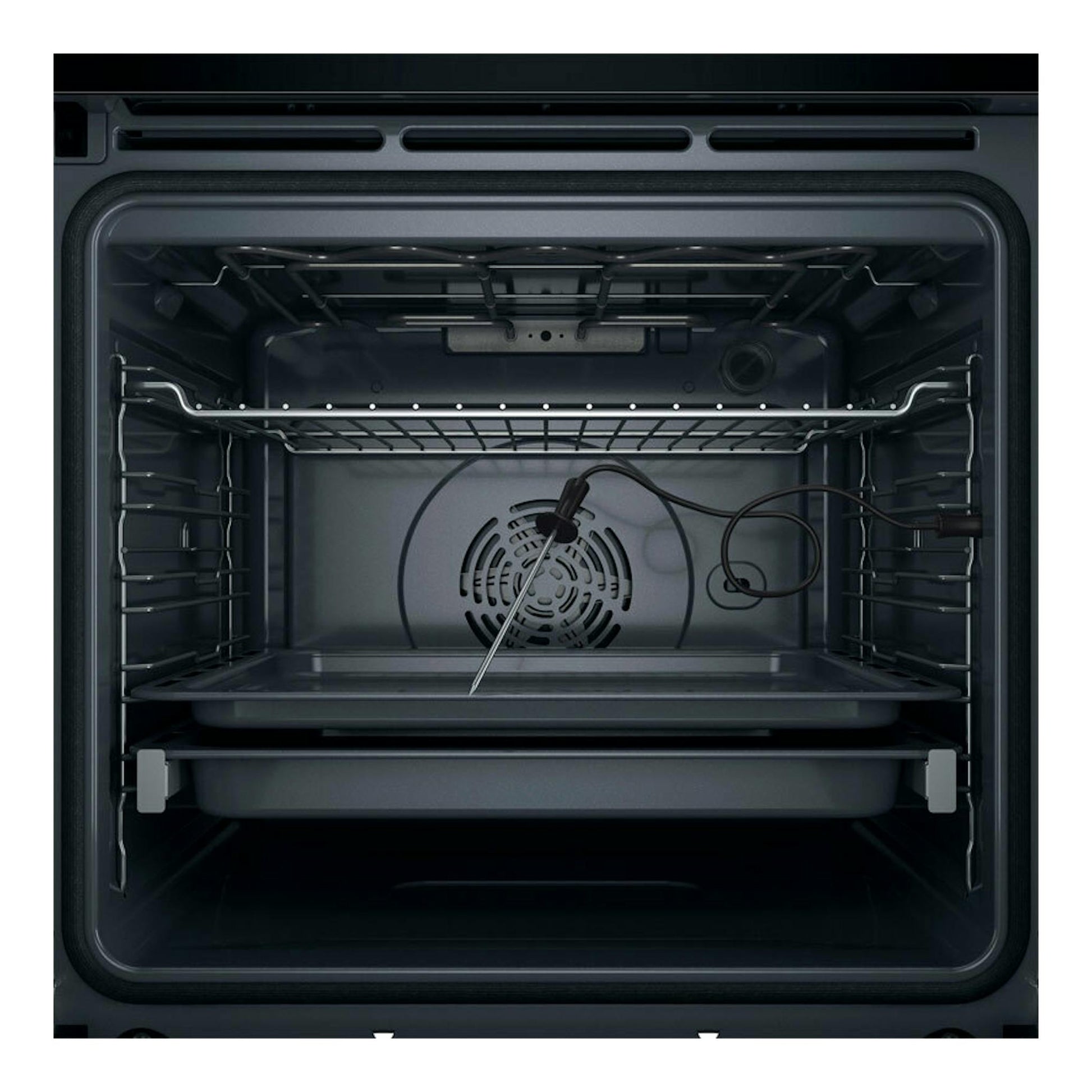 Interior de horno Whirlpool WOI4S8PPM1SB negro, vista frontal con bandejas, rejillas y sonda.