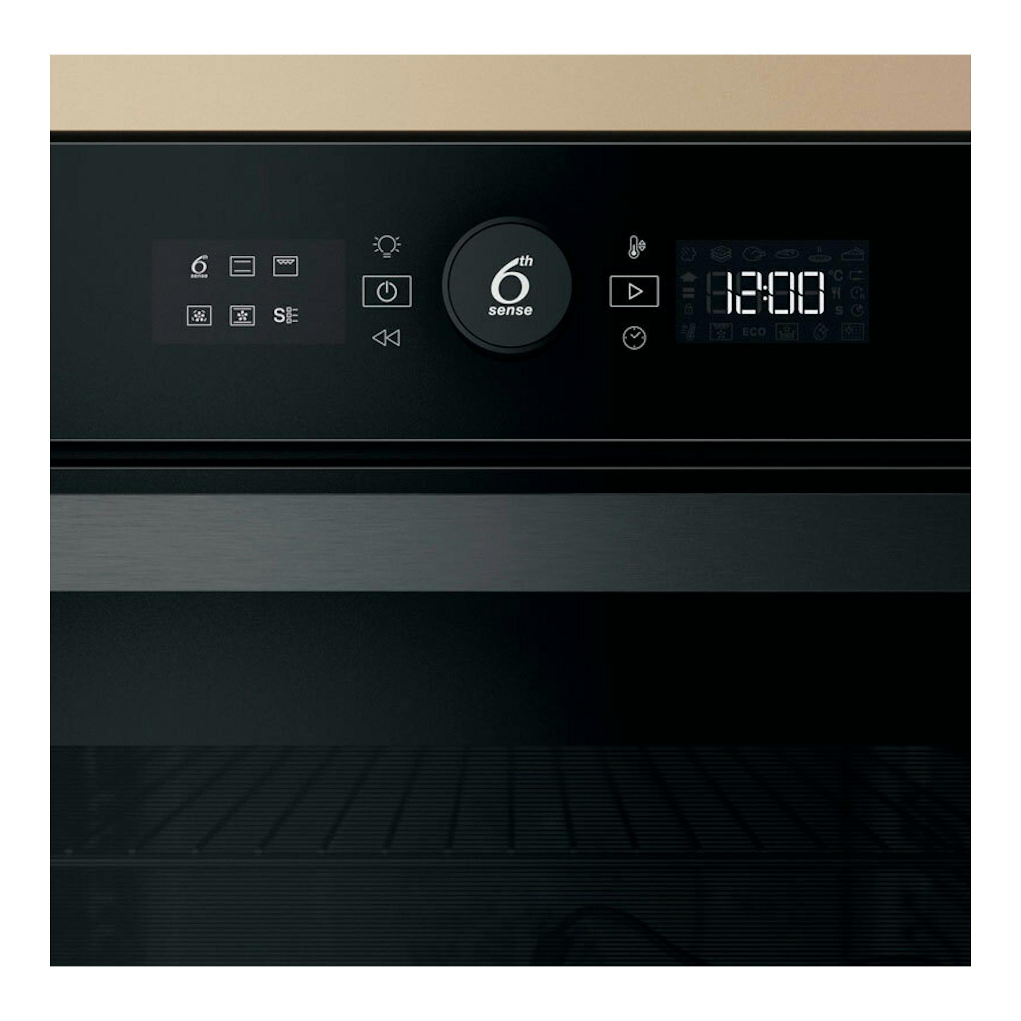 Horno Whirlpool WOI4S8PPM1SB negro, vista frontal, panel de control digital y puerta de vidrio oscuro.