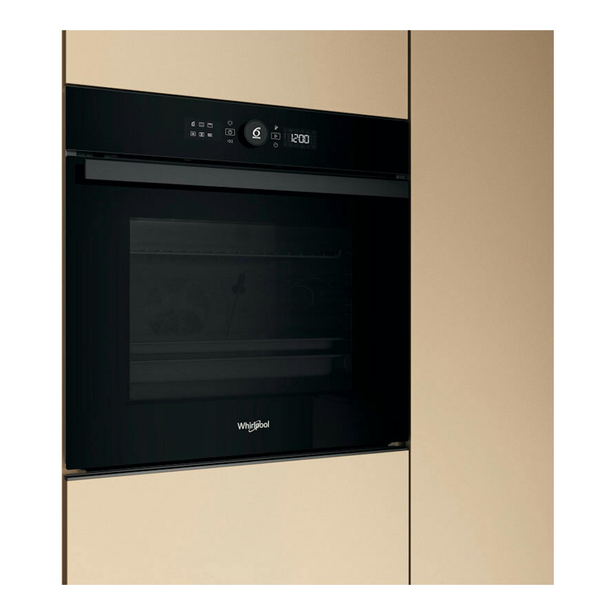 Horno empotrado Whirlpool WOI4S8PPM1SB negro, vista frontal, integrado en mueble beige.