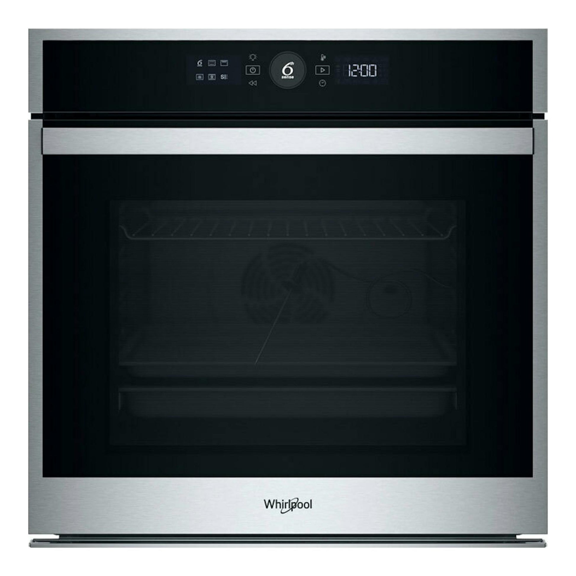 Horno Whirlpool WOI4S8PPM1SX de acero inoxidable, vista frontal, con puerta negra y display digital.