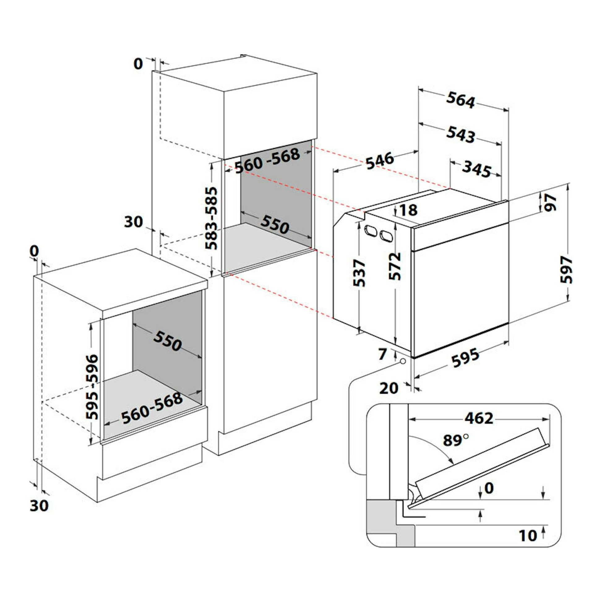 Esquema técnico de instalación del horno Whirlpool WOI4S8PPM1SX inox, con medidas frontal y lateral.