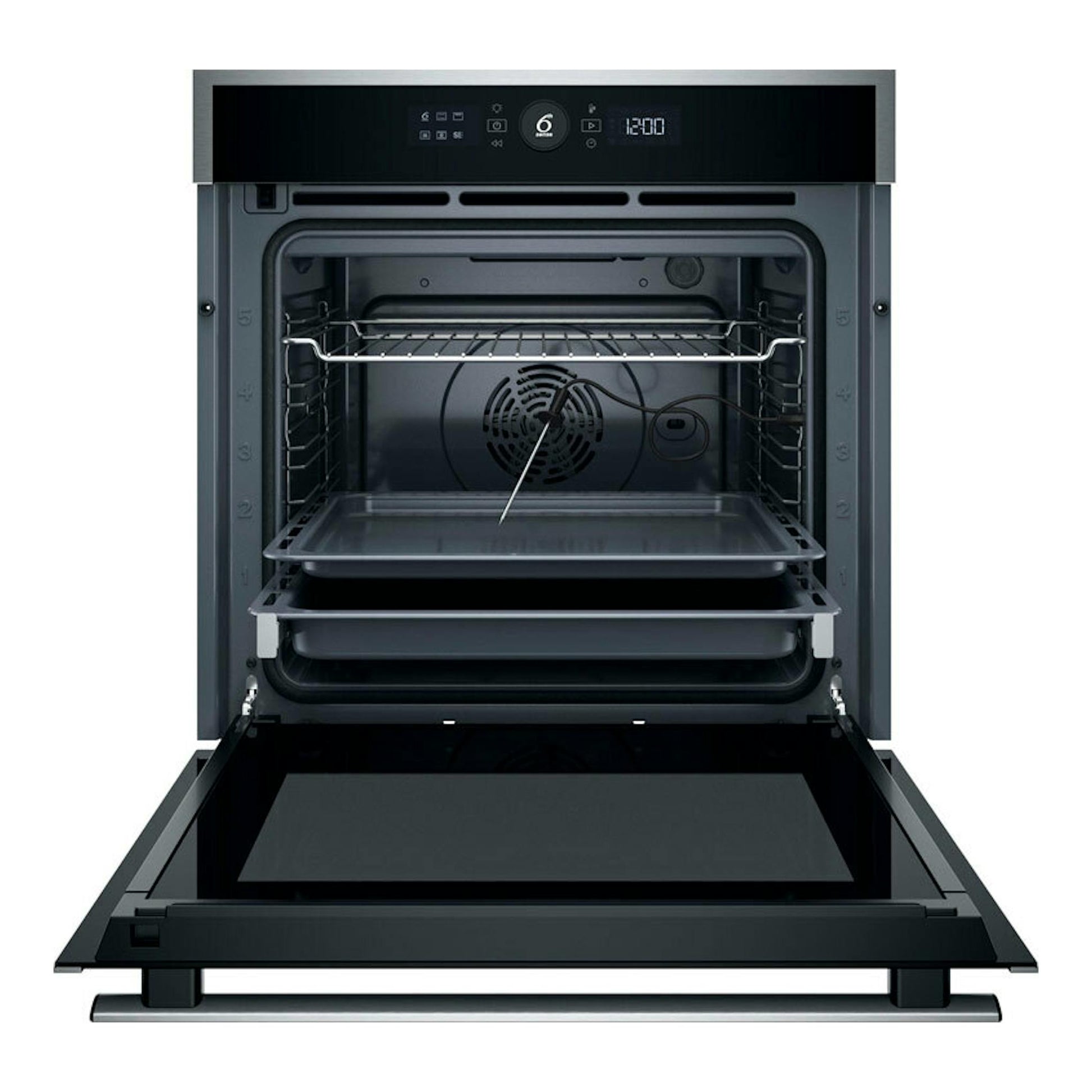 Horno Whirlpool WOI4S8PPM1SX inox, vista frontal con la puerta abatida y el interior visible.