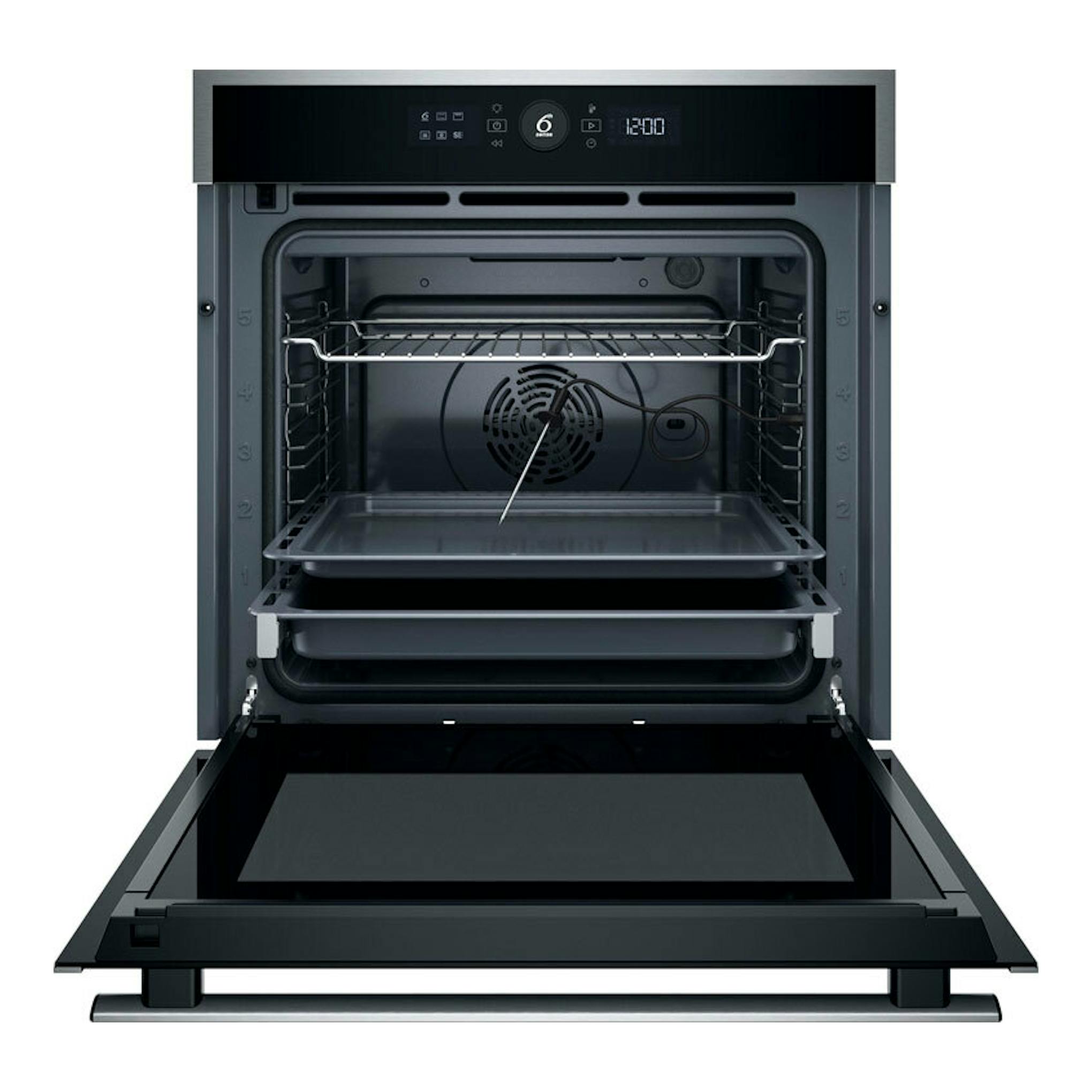 Horno Whirlpool WOI4S8PPM1SX inox, vista frontal con la puerta abatida y el interior visible.