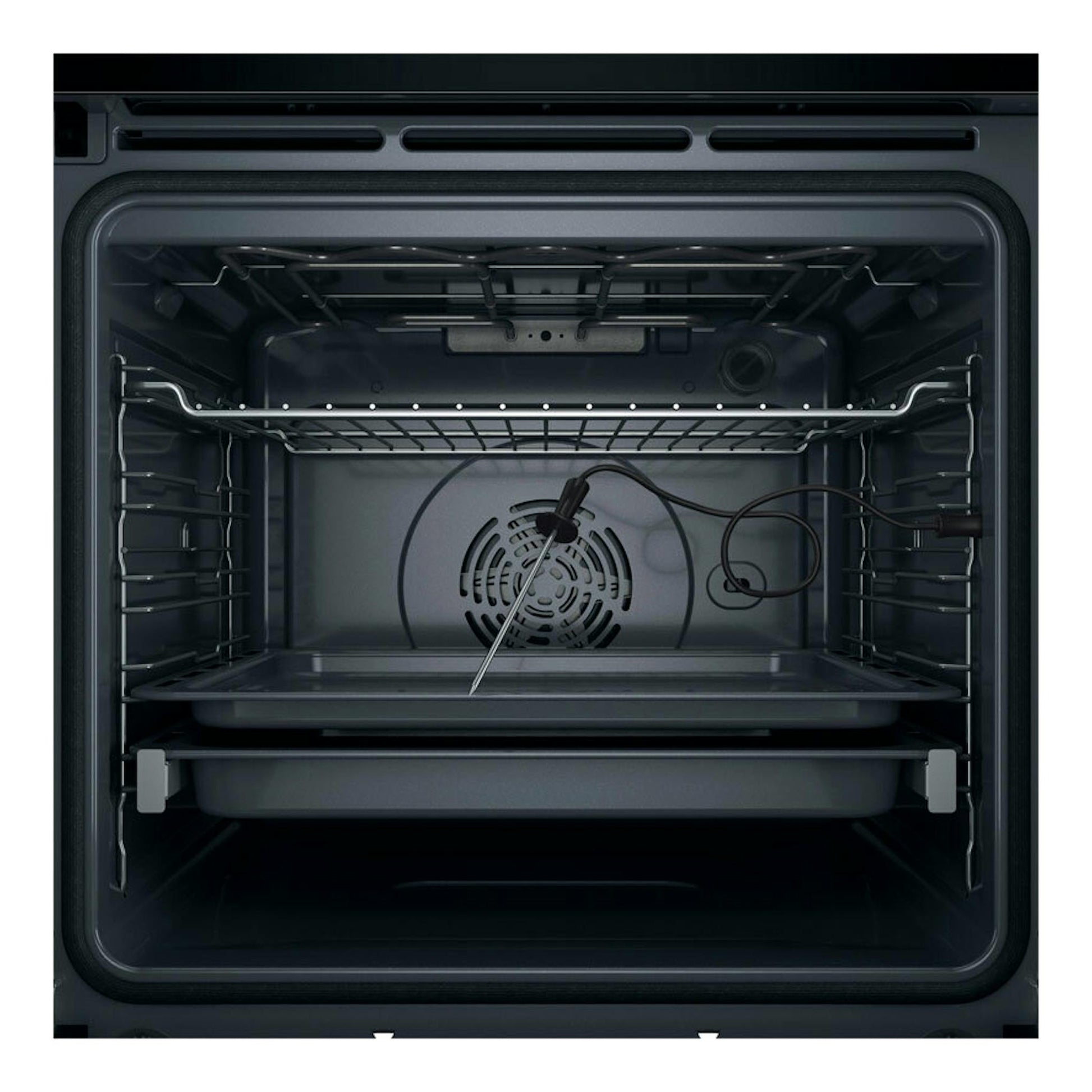 Horno Whirlpool WOI4S8PPM1SX inox, vista frontal del interior con sonda térmica y ventilador.