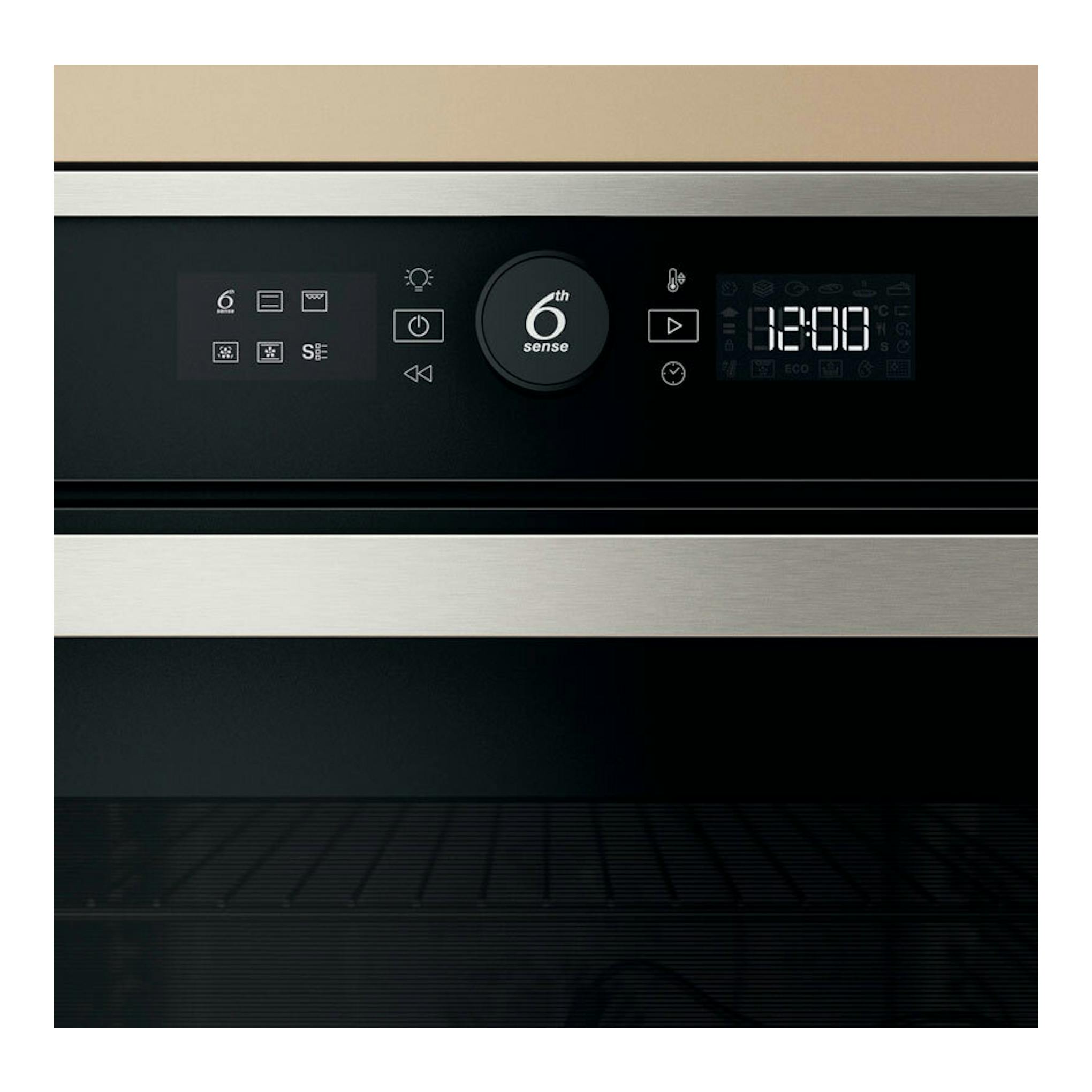 Frontal de horno Whirlpool WOI4S8PPM1SX inox, con panel negro táctil y display digital.