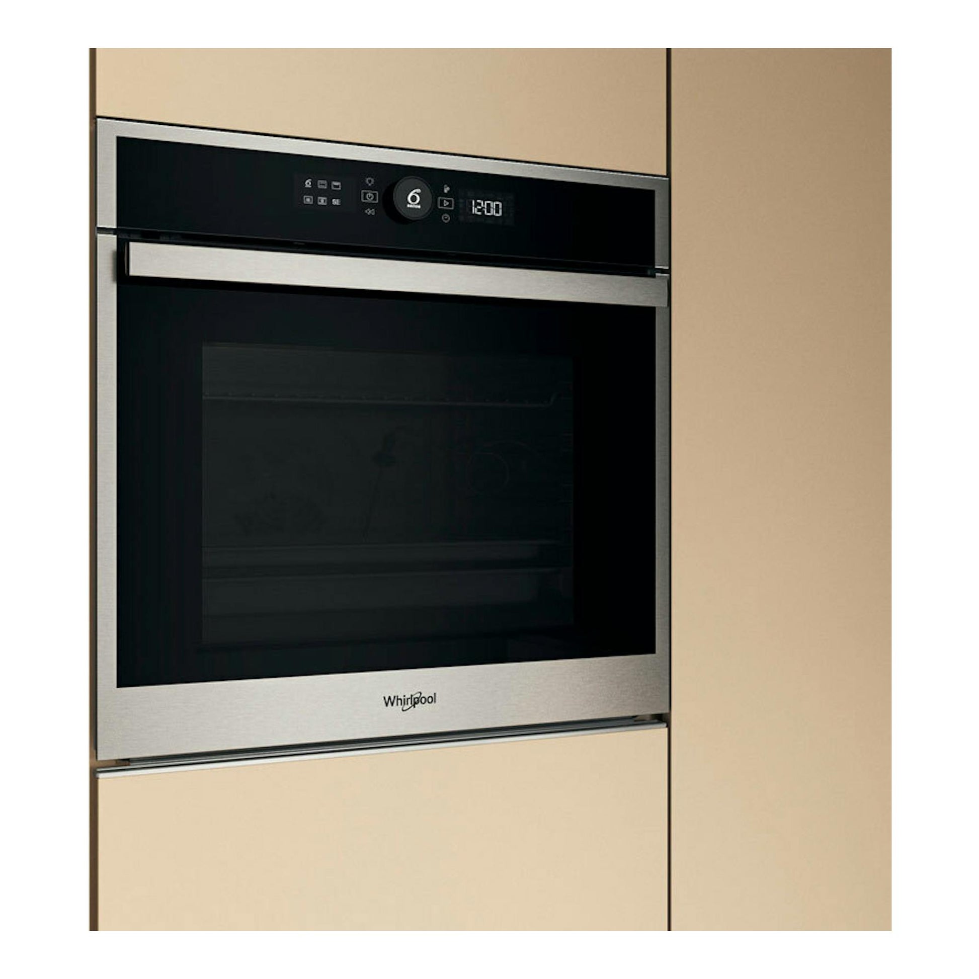 Horno Whirlpool WOI4S8PPM1SX en inox, vista frontal empotrada con puerta de vidrio negro.