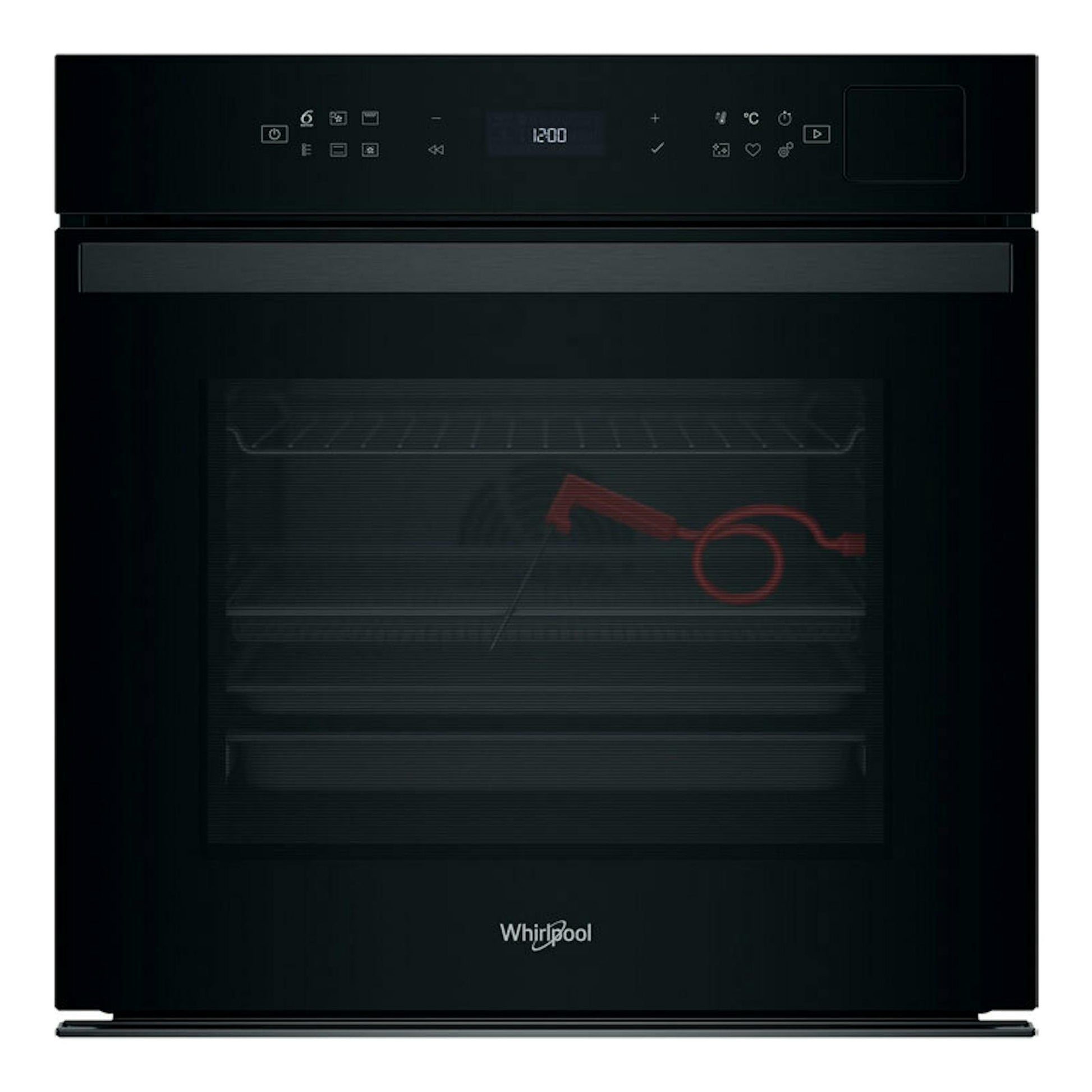 Horno empotrable Whirlpool WOI6A8FPT1SBA negro, vista frontal con panel digital y puerta de cristal.