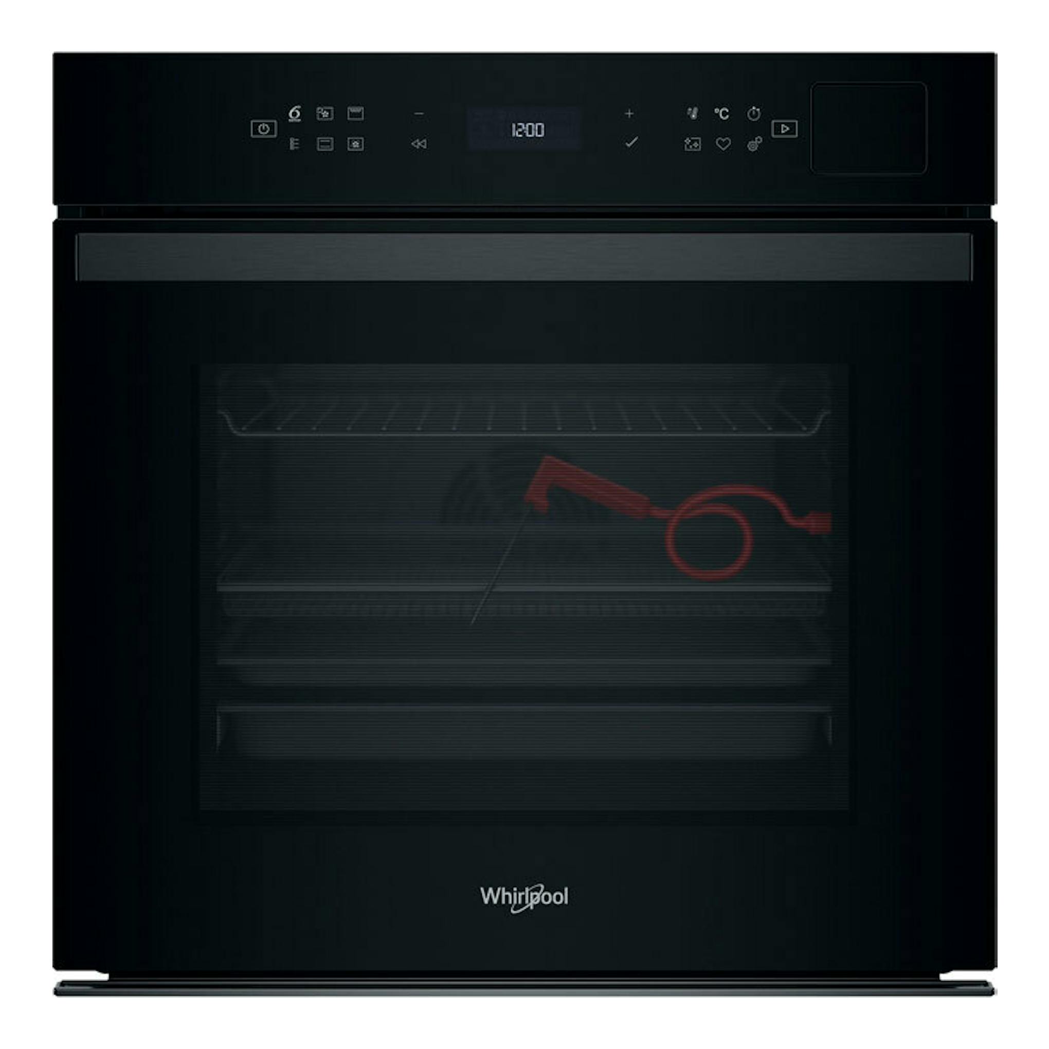 Horno empotrable Whirlpool WOI6A8FPT1SBA negro, vista frontal con panel digital y puerta de cristal.