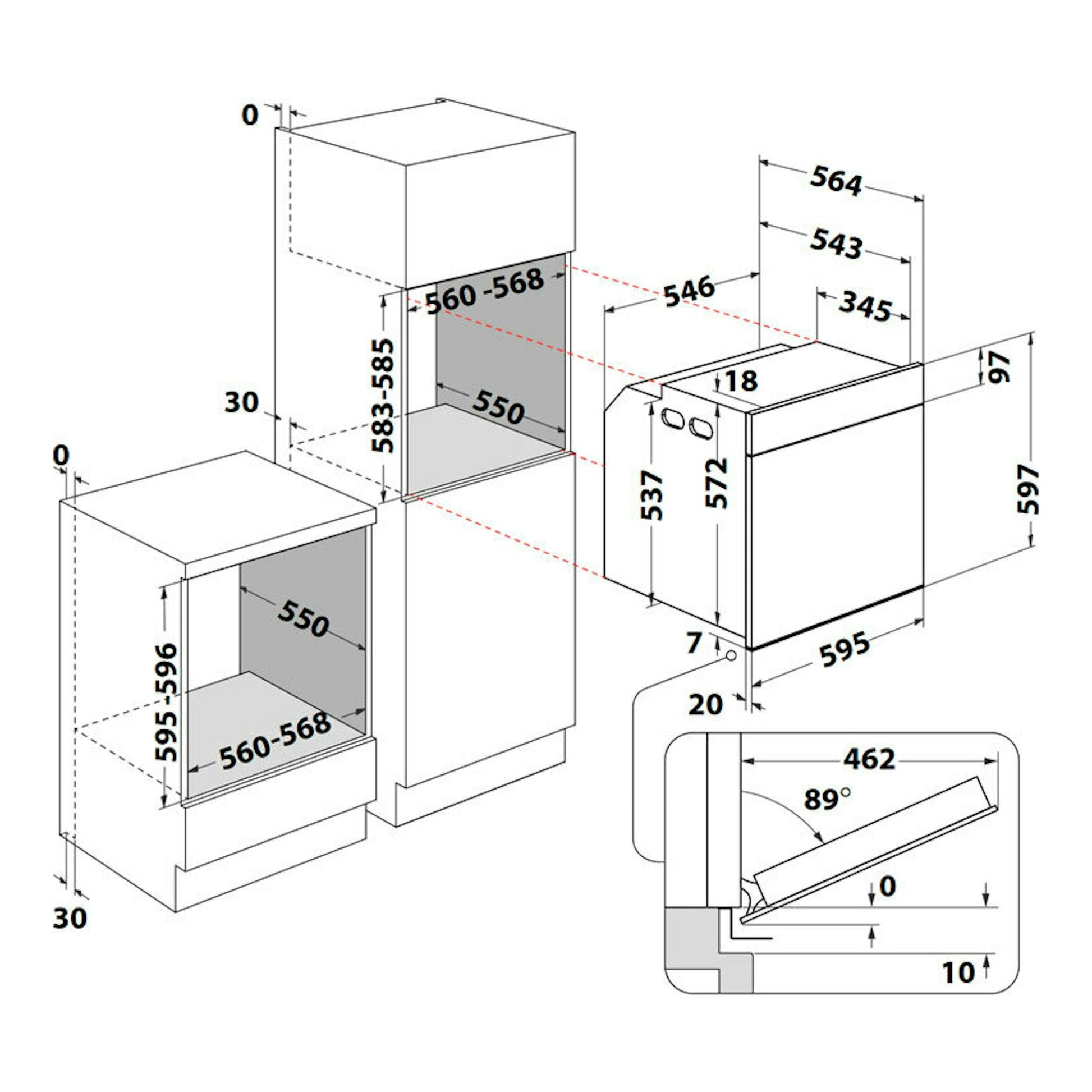 Diagrama técnico de instalación de horno Whirlpool WOI6A8FPT1SBA negro, vistas frontal y lateral con medidas.