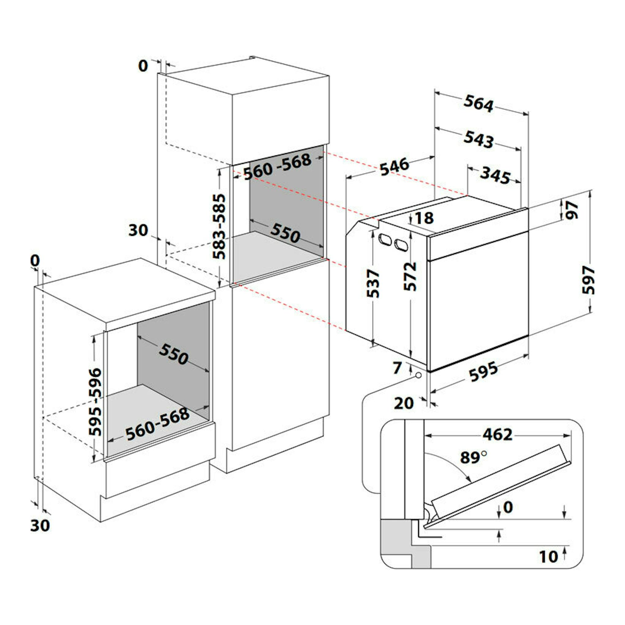 Diagrama técnico de instalación de horno Whirlpool WOI6A8FPT1SBA negro, vistas frontal y lateral con medidas.