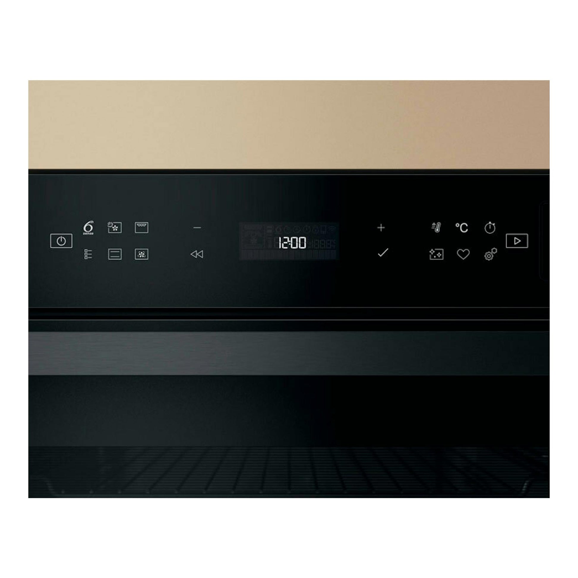 Horno Whirlpool WOI6A8FPT1SBA negro, vista frontal, panel táctil y pantalla digital.