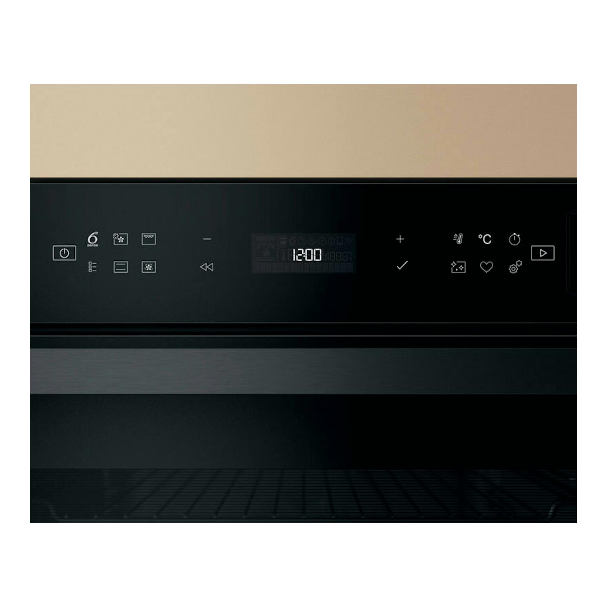 Horno Whirlpool WOI6A8FPT1SBA negro, vista frontal, panel táctil y pantalla digital.