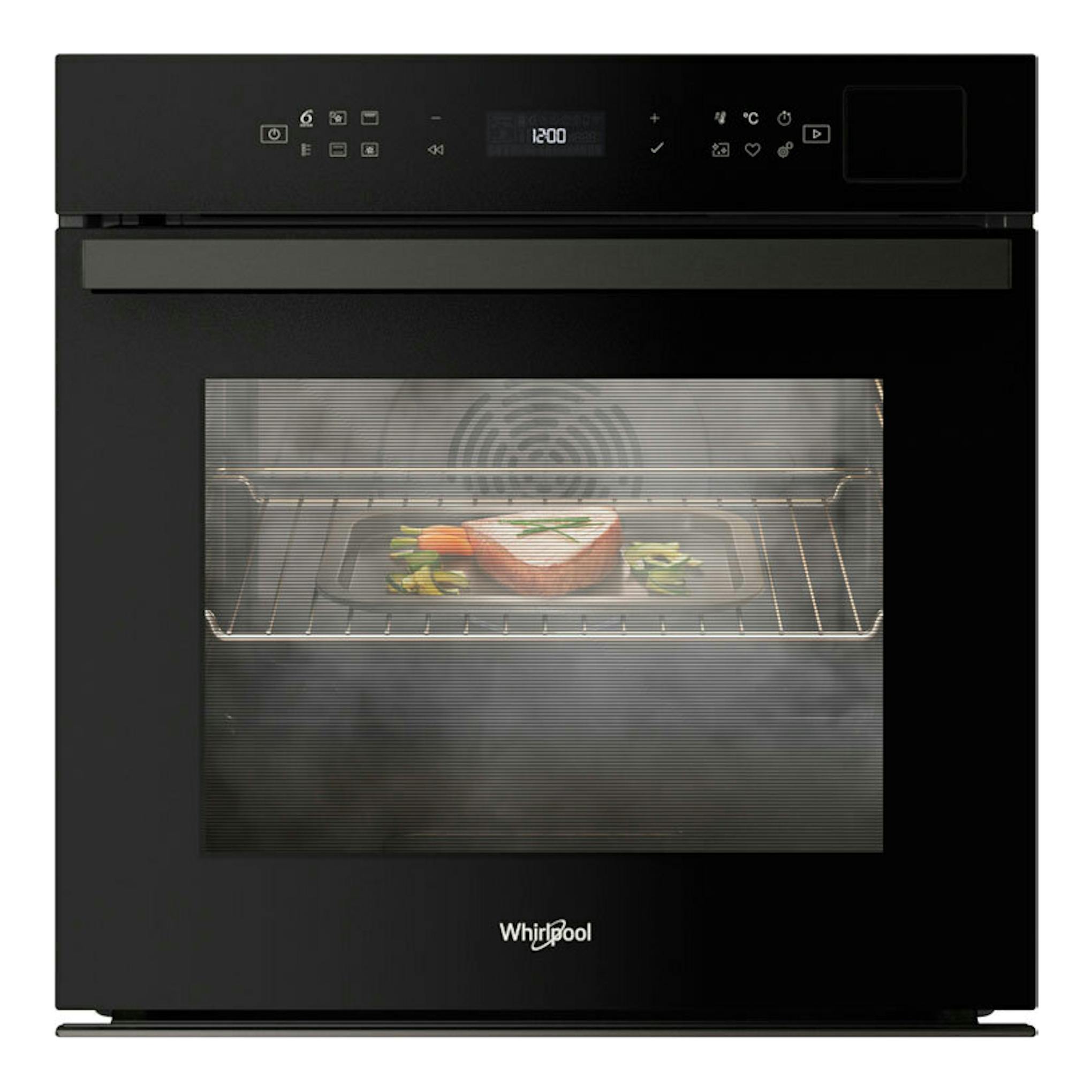 Horno Whirlpool WOI6A8FPT1SBA negro, vista frontal, con panel digital y comida visible tras la puerta de cristal.