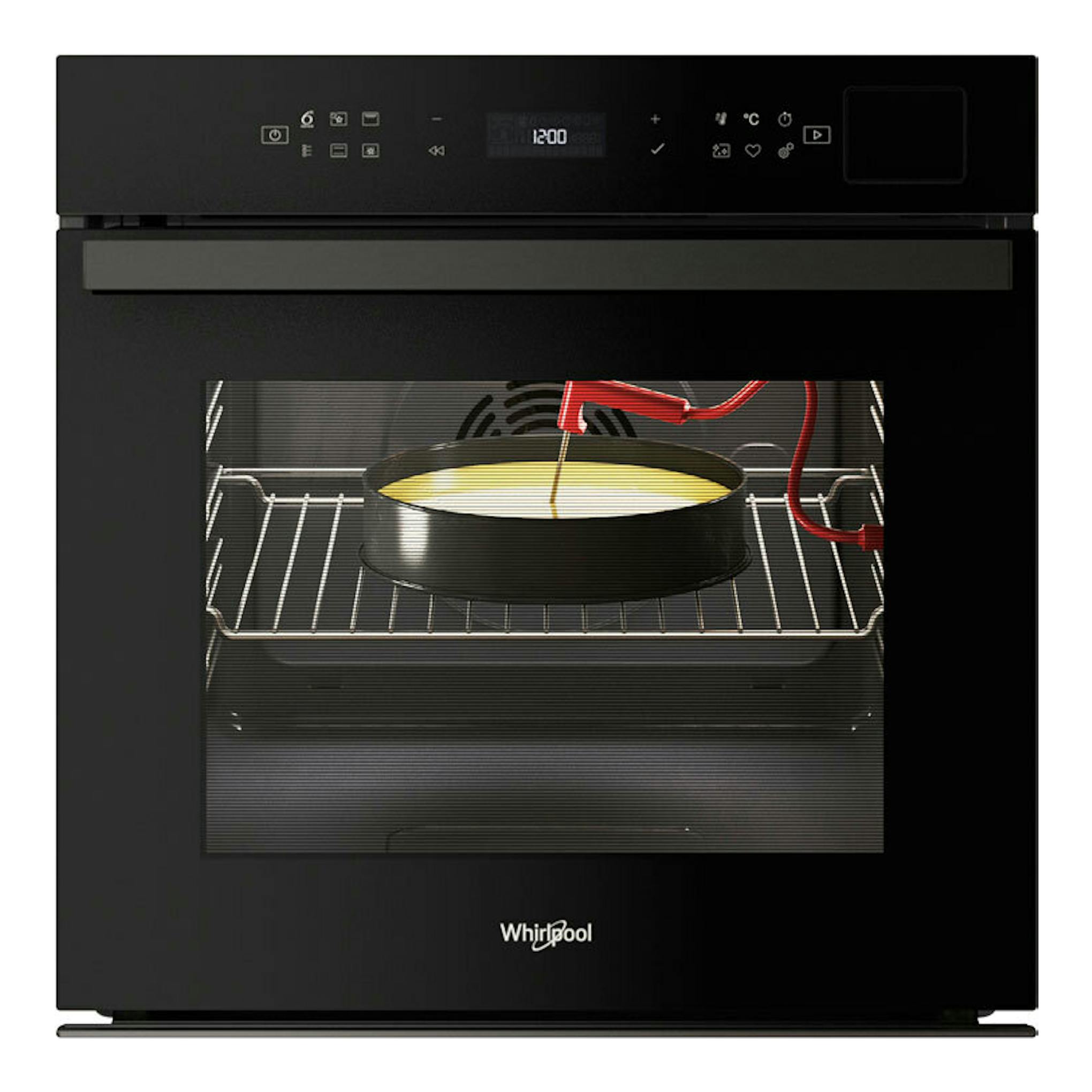Horno Whirlpool WOI6A8FPT1SBA negro, vista frontal, con panel táctil y puerta de vidrio.