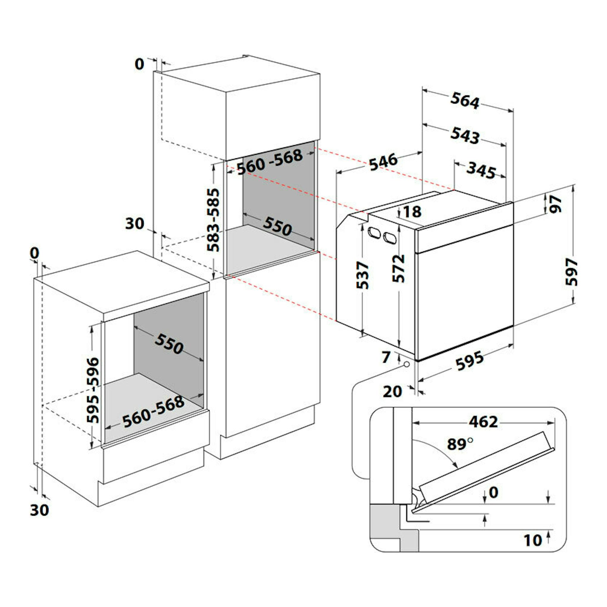 Diagrama de instalación de horno Whirlpool WOI6A8PT1SXA inox, vista técnica con medidas y esquema de apertura.