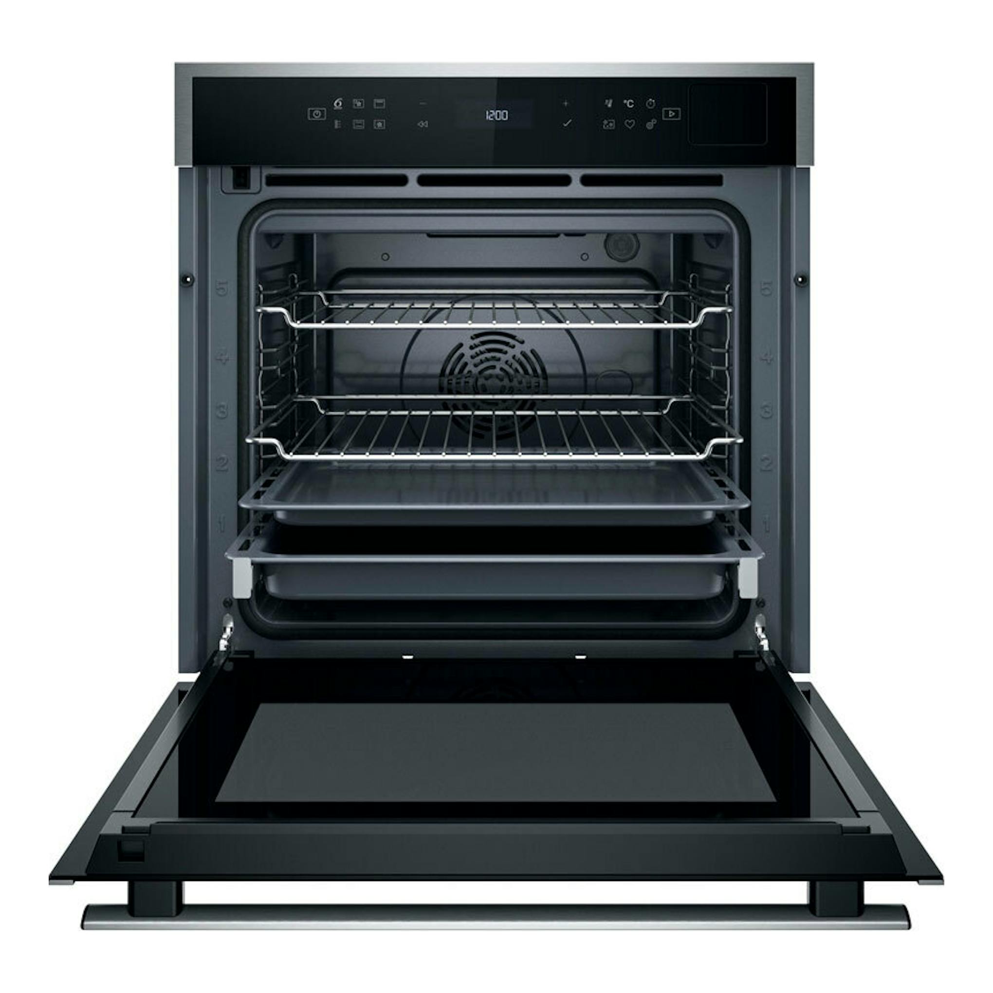 Horno Whirlpool WOI6A8PT1SXA inox, vista frontal con puerta abierta y bandejas interiores.