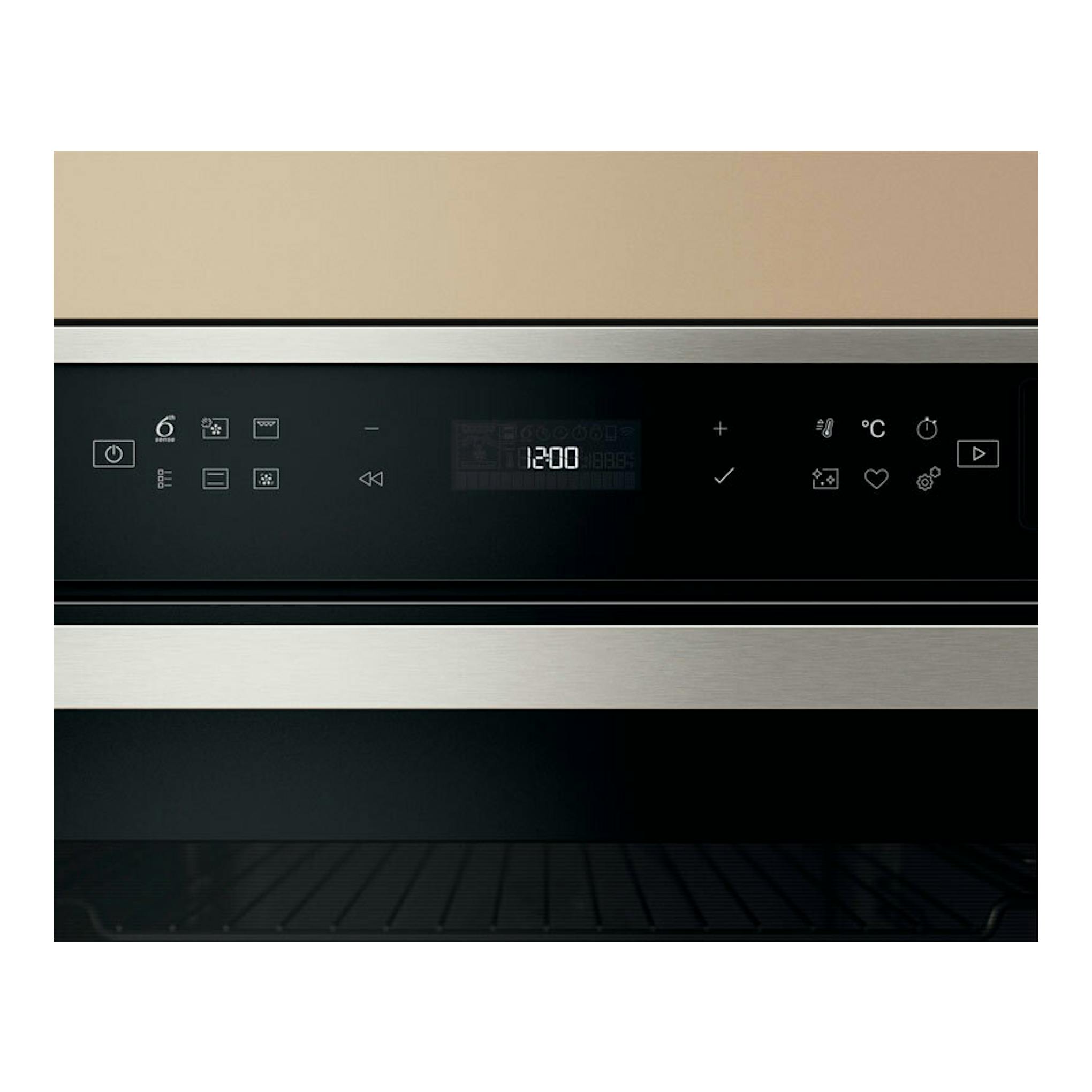 Horno Whirlpool WOI6A8PT1SXA inox, vista frontal, panel negro con display 12:00 y detalles de acero.