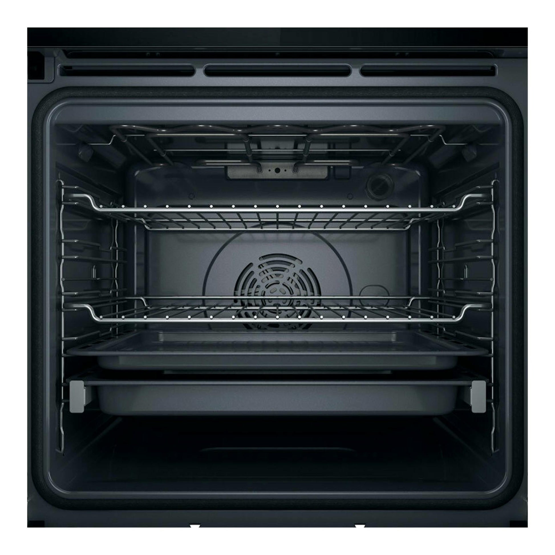 Horno Whirlpool WOI6A8PT1SXA negro, vista frontal del interior con rejillas y ventilador central.
