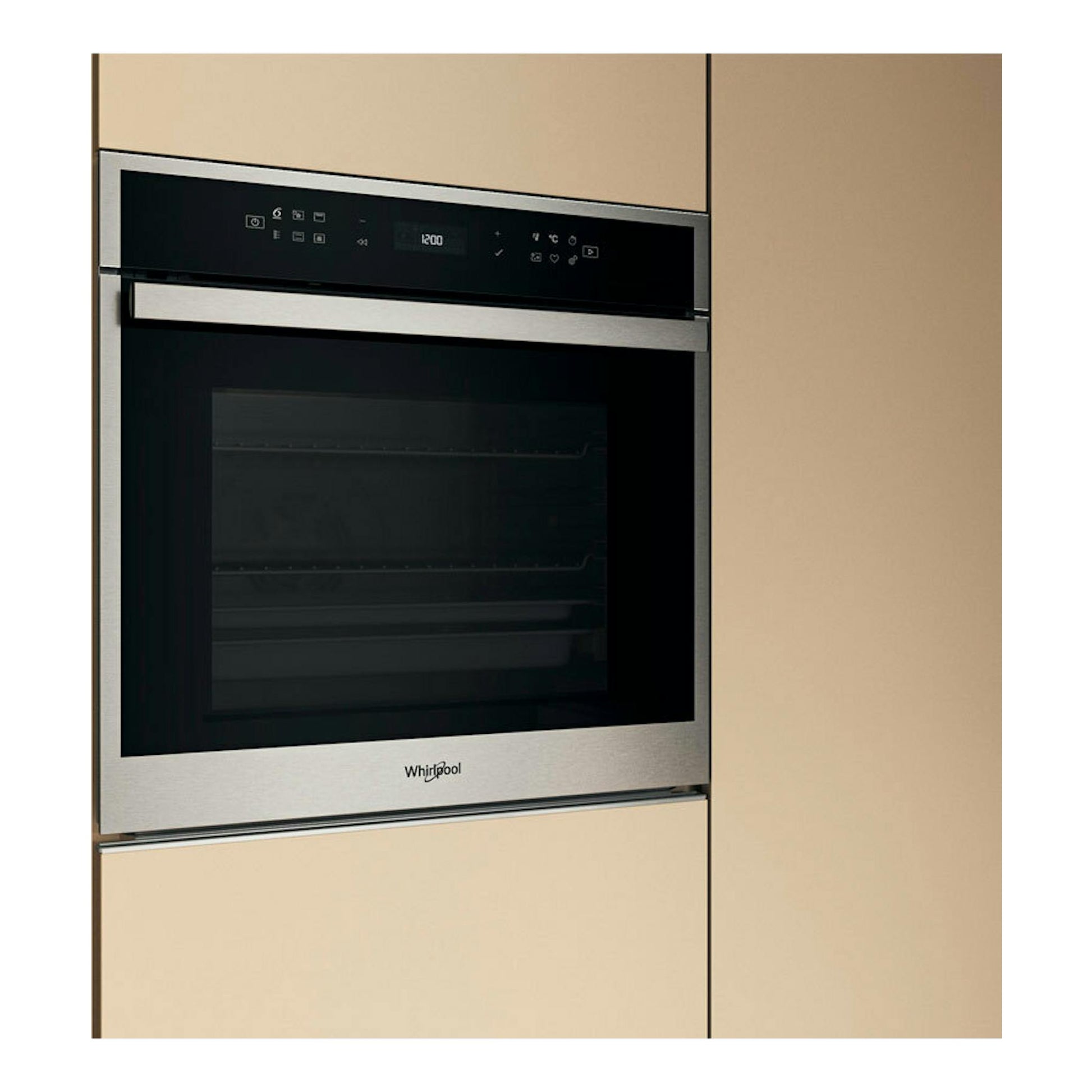 Horno empotrado Whirlpool WOI6A8PT1SXA inox, frontal, con puerta de cristal negro y marco de acero inoxidable.