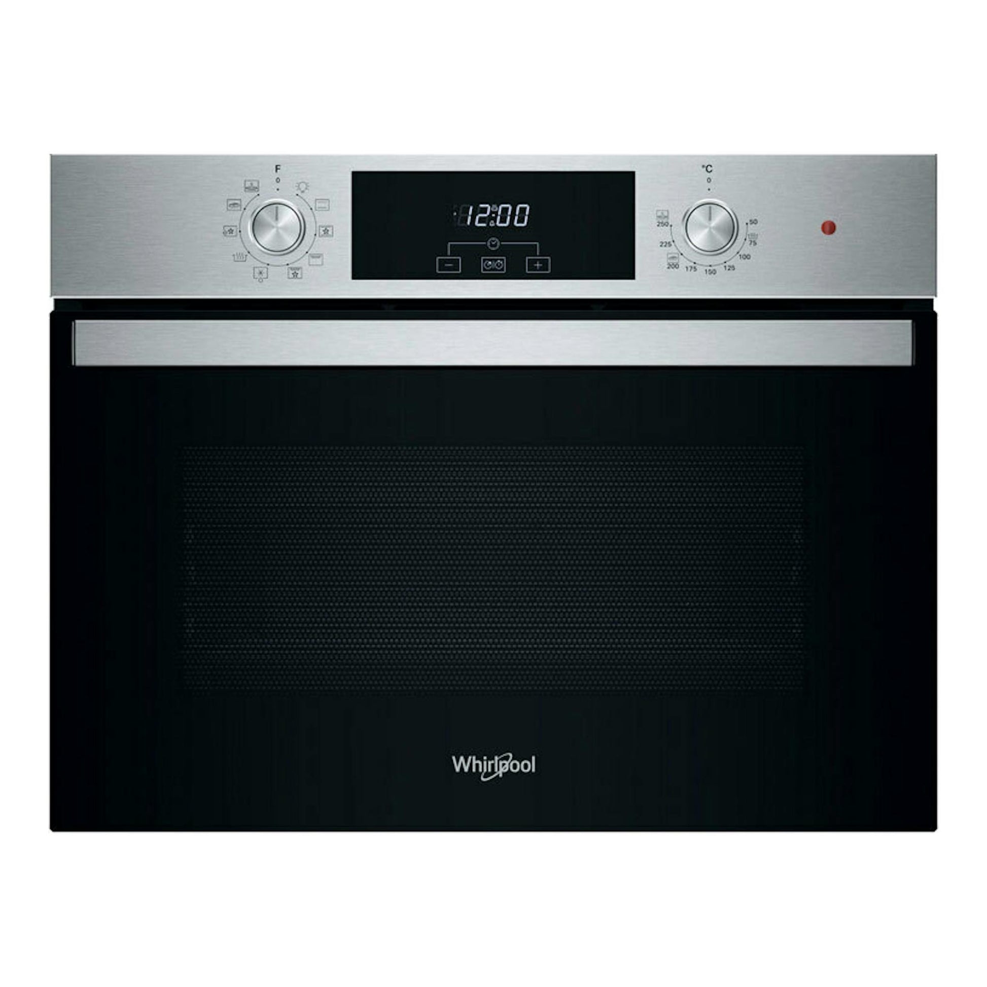 Horno Whirlpool WCC28UXA inox, vista frontal, con panel digital y puerta negra.