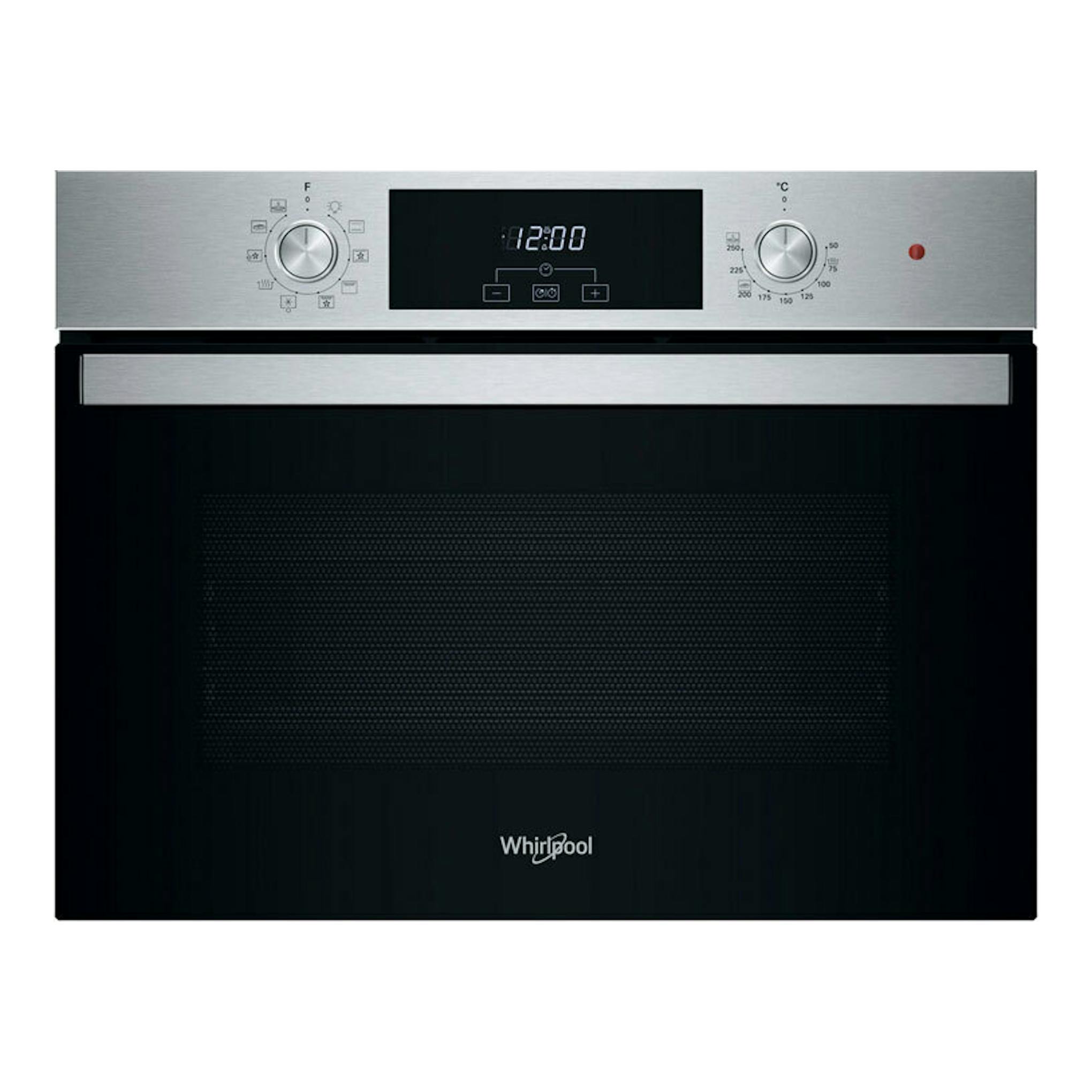 Horno Whirlpool WCC28UXA inox, vista frontal, con panel digital y puerta negra.