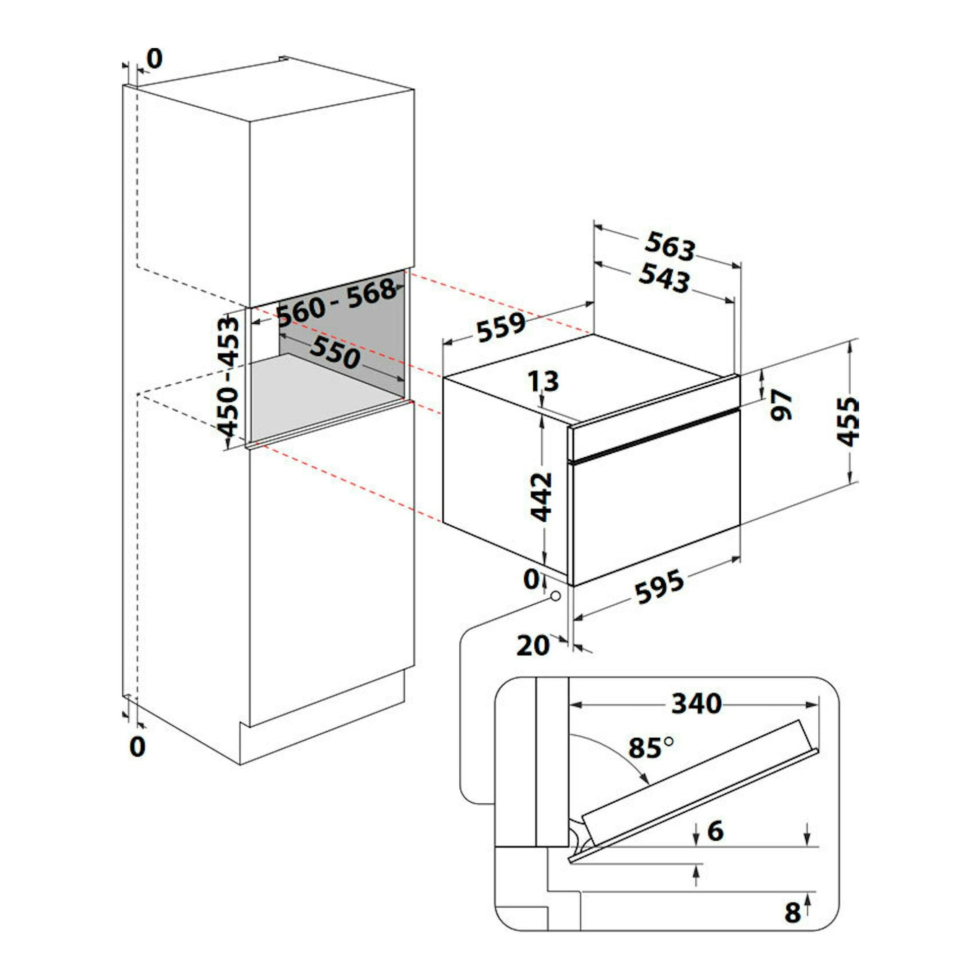 Diagrama técnico de instalación de horno empotrable Whirlpool WCC28UXA Inox, vistas frontal y lateral con medidas.
