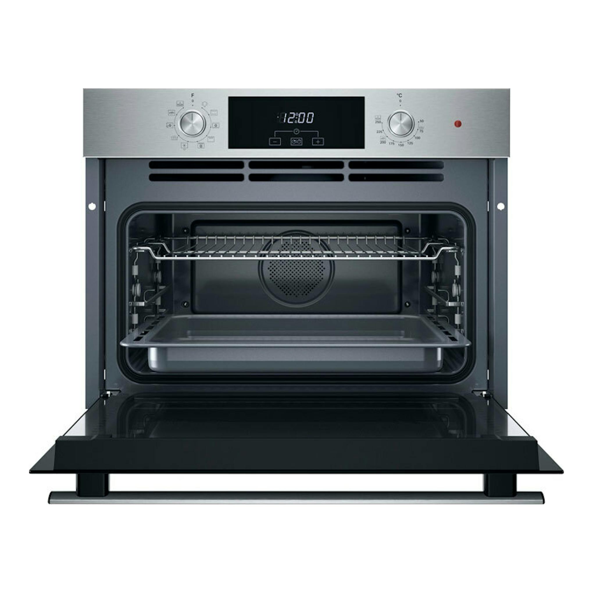 Horno Whirlpool WCC28UXA inox, vista frontal, puerta abatible abierta, interior con bandeja y rejilla.