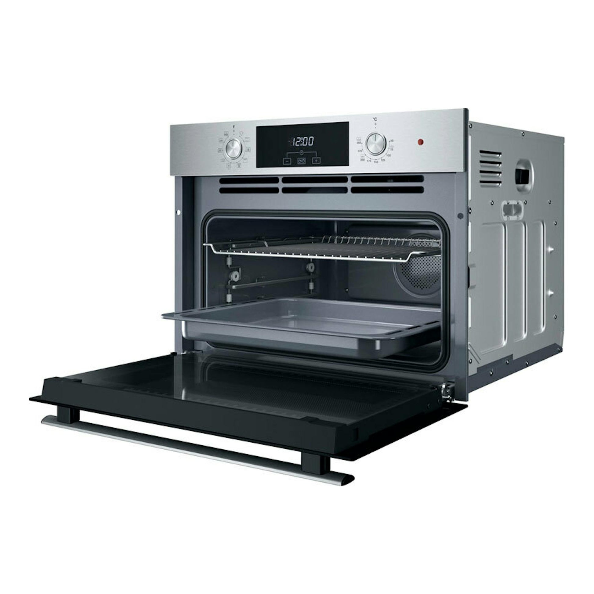 Horno Whirlpool WCC28UXA inox, vista frontal en ángulo, con puerta abatible abierta y panel de control digital.