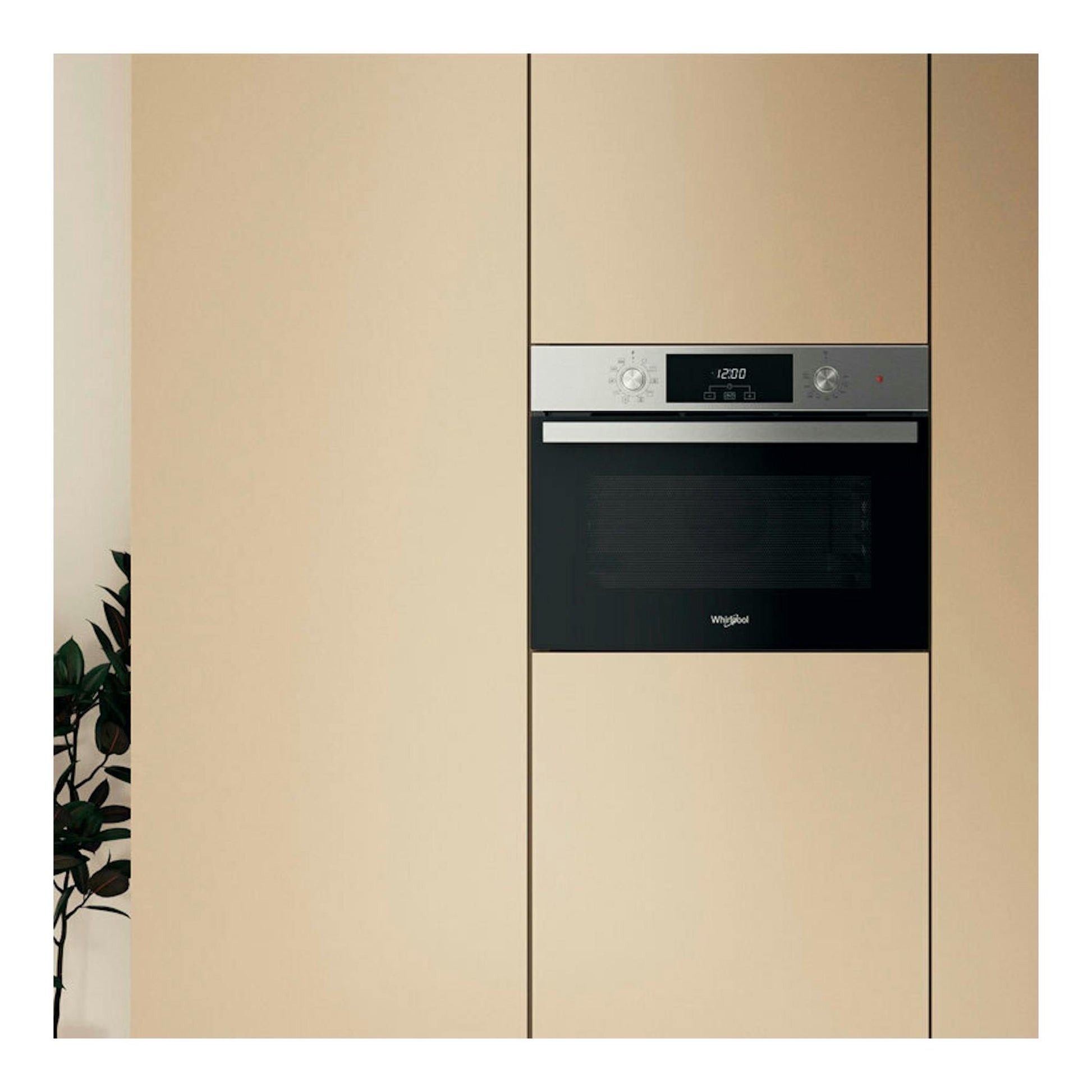 Horno empotrado Whirlpool WCC28UXA inox, vista frontal, con panel digital y puerta de cristal negro.
