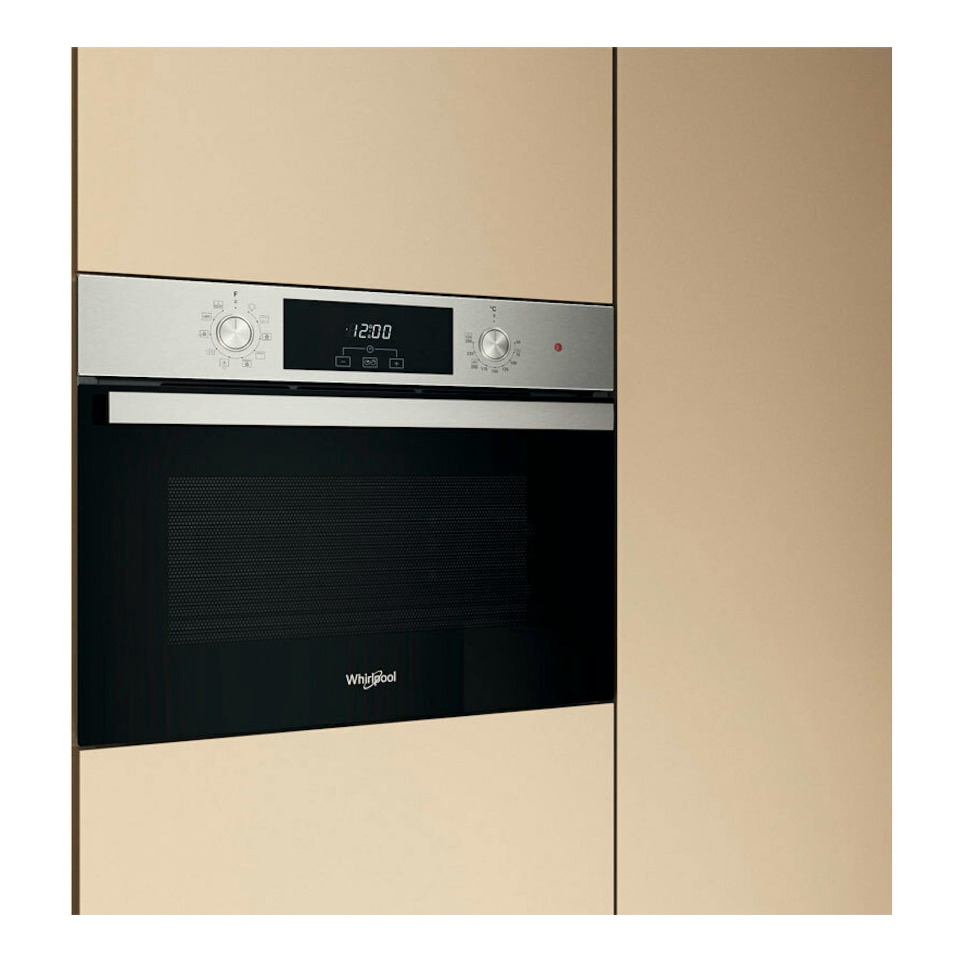 Horno Whirlpool WCC28UXA inox empotrado, vista frontal, puerta negra y panel superior plateado con display digital.
