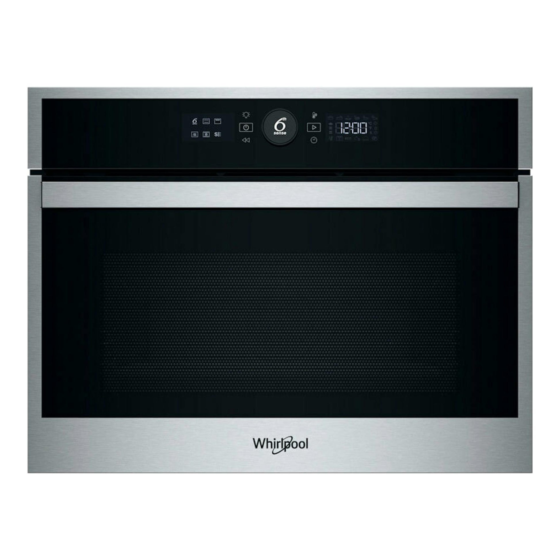 Horno empotrable Whirlpool WCC48HMSXA en acero inoxidable, vista frontal, con panel digital negro.