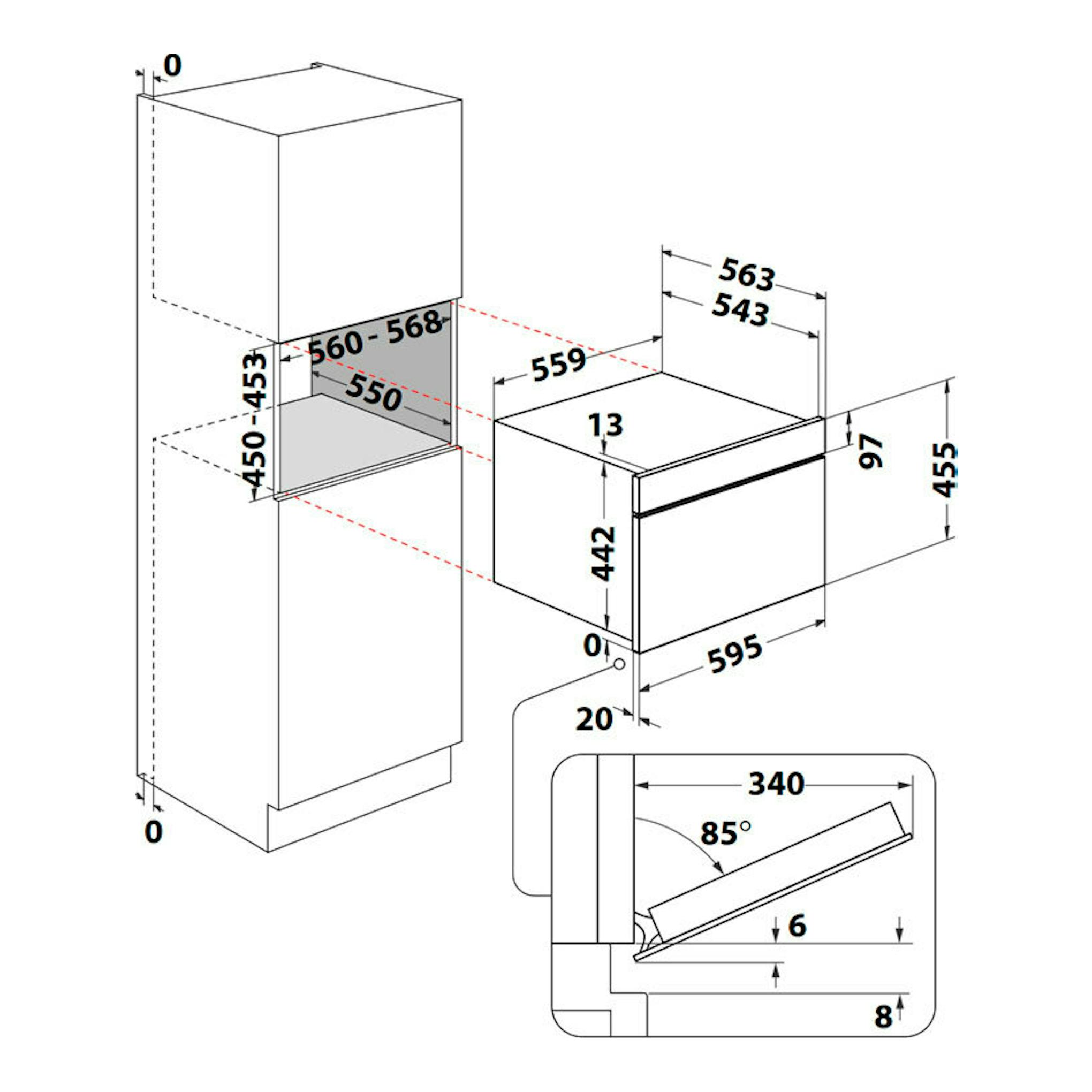 Esquema de instalación de horno Whirlpool WCC48HMSXA inox, con vistas frontal y lateral y cotas.