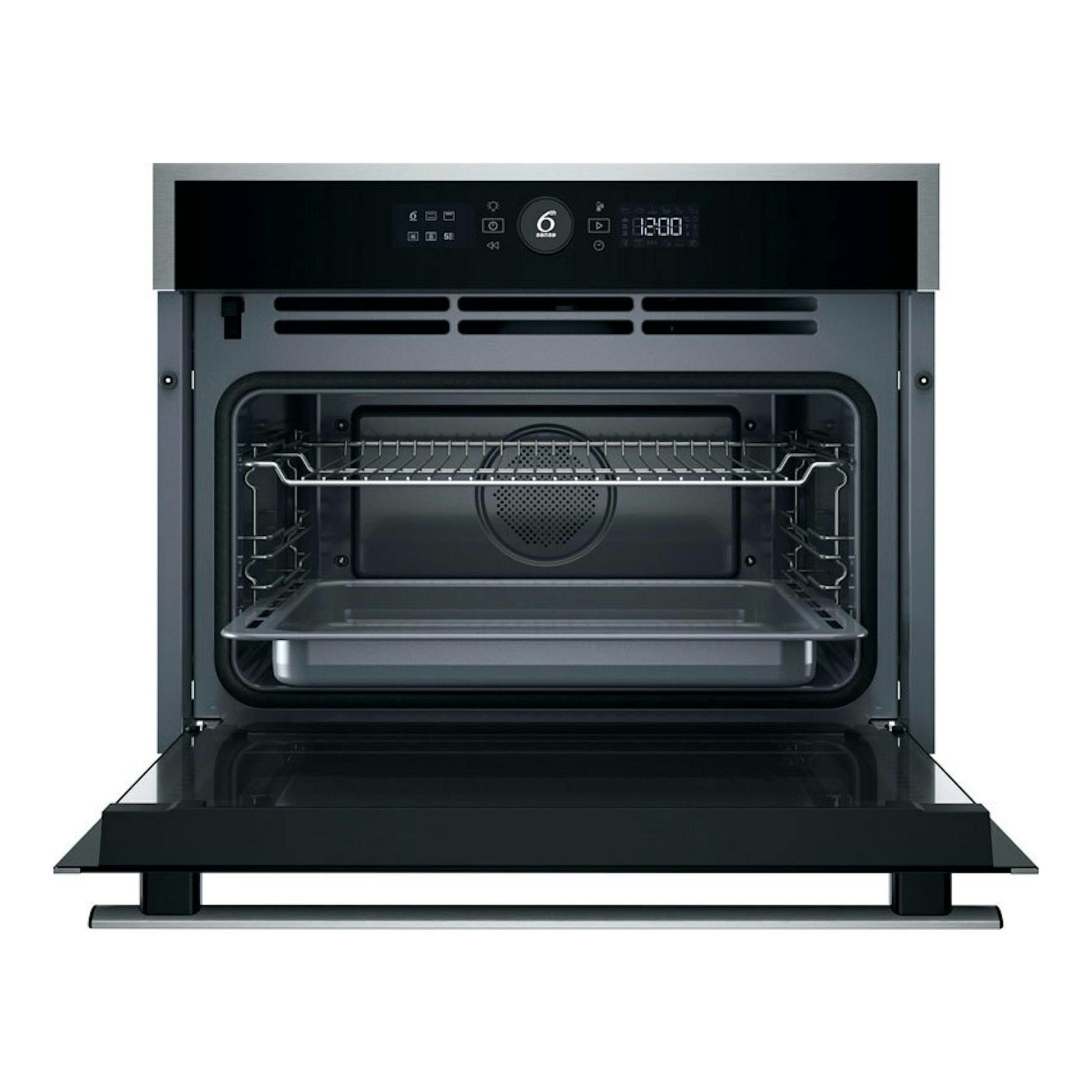 Horno Whirlpool WCC48HMSXA inox, vista frontal con puerta abierta y panel de control negro.