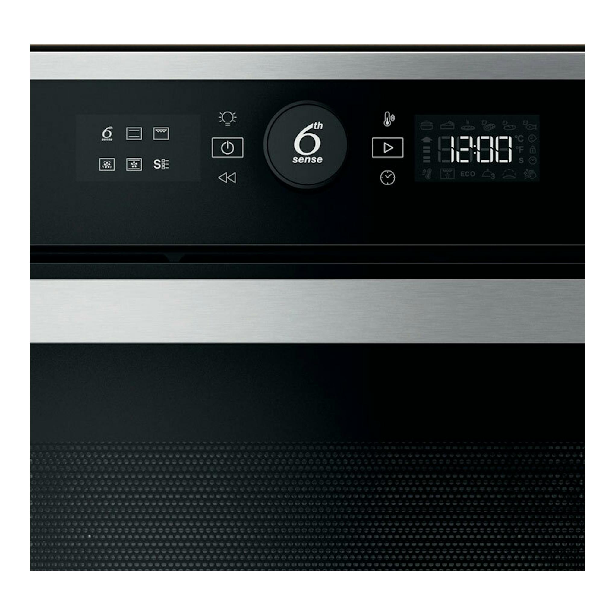 Vista frontal de horno Whirlpool WCC48HMSXA en acero inox y negro, con panel digital y control 6th Sense.
