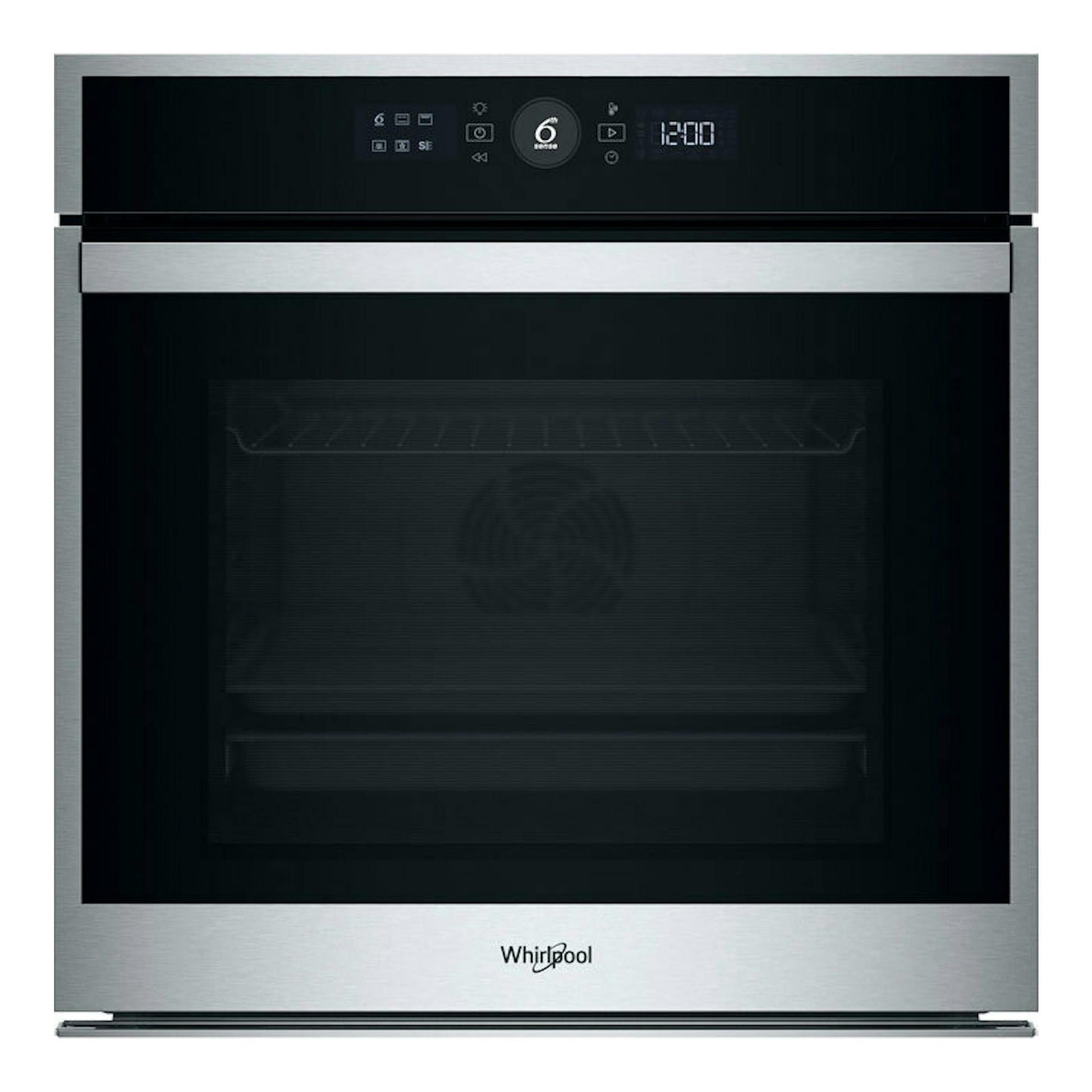 Horno empotrable Whirlpool WOI4S8PM1XA en inox, vista frontal, puerta negra y panel digital superior.