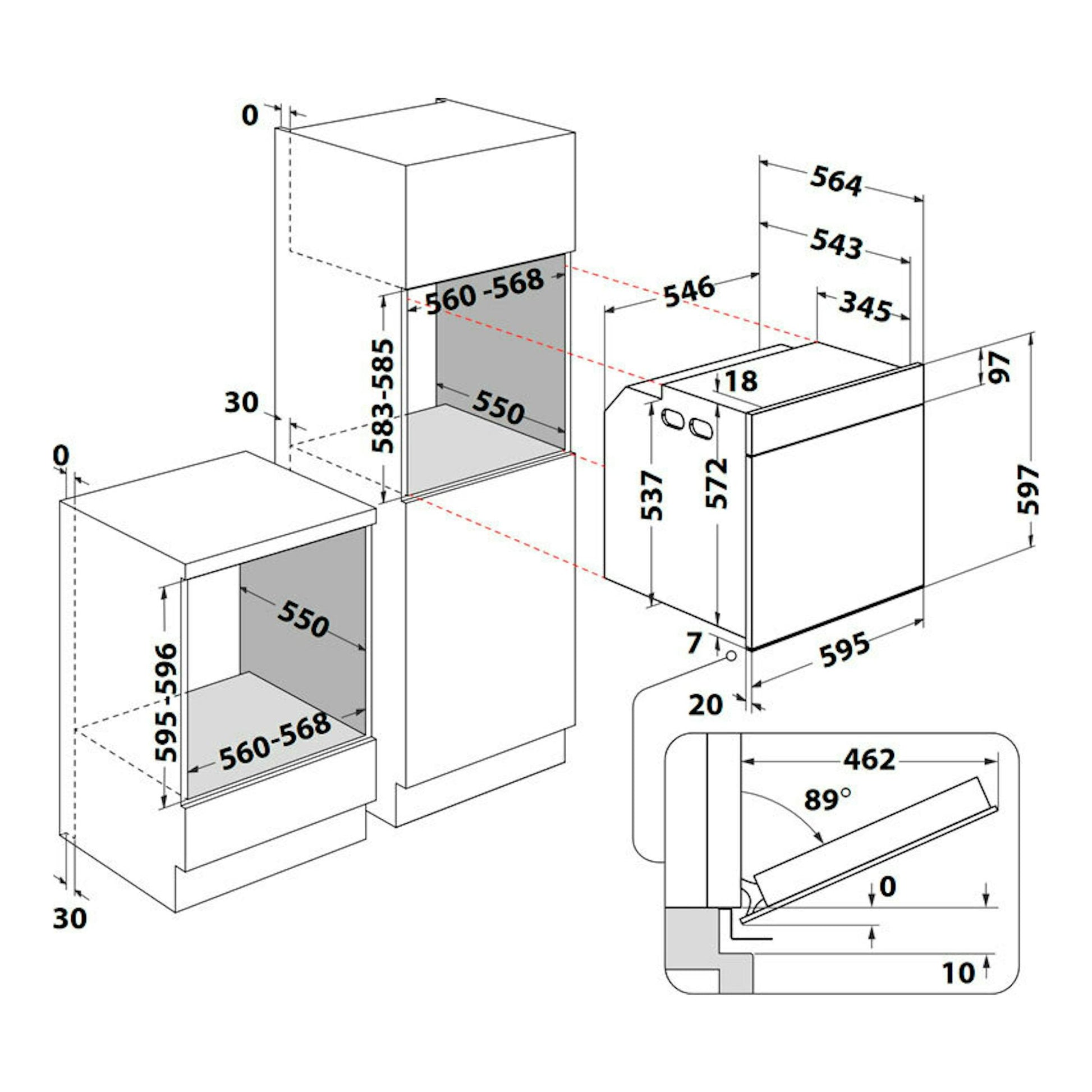 Diagrama técnico de instalación de horno empotrable Whirlpool WOI4S8PM1XA inox, vista en perspectiva con medidas.