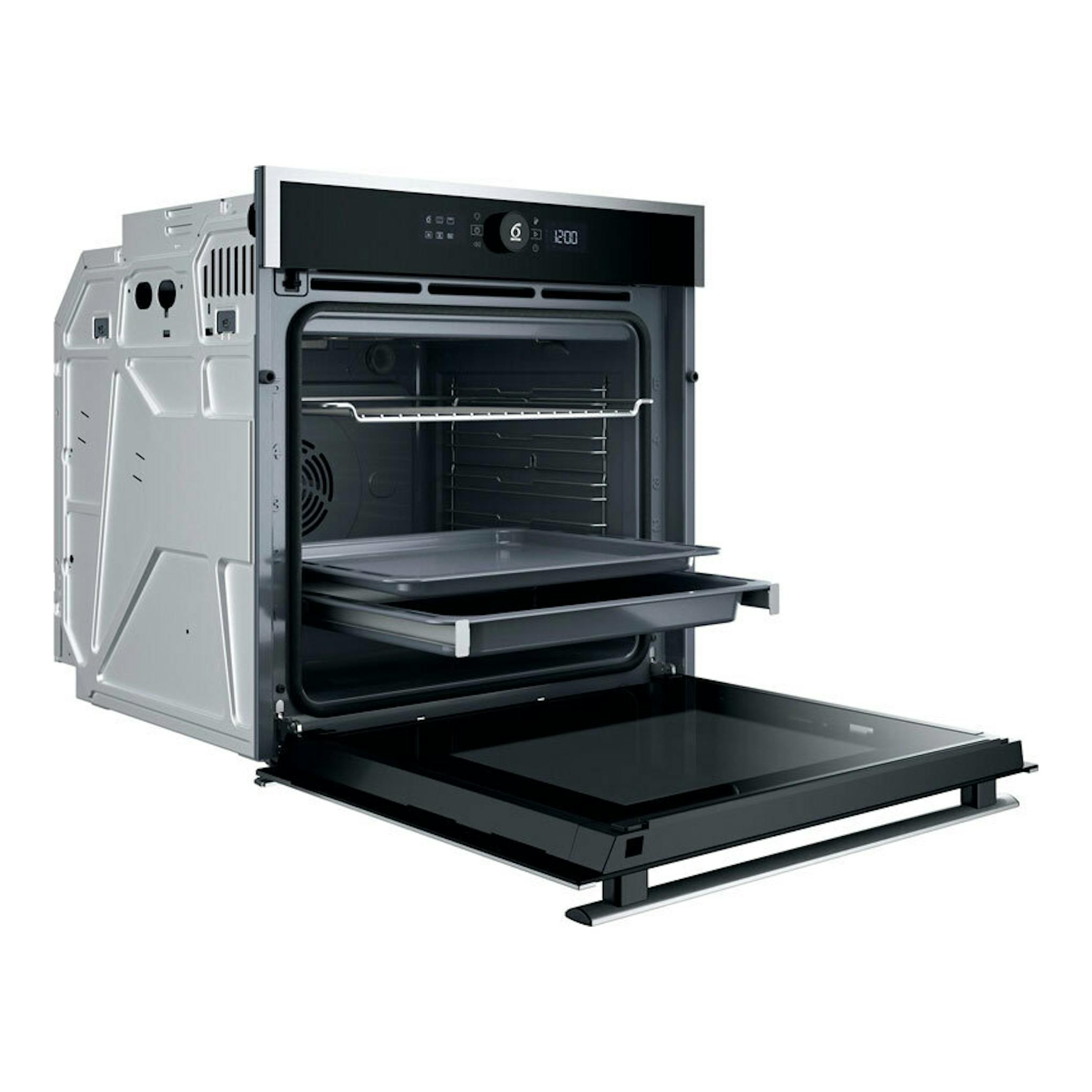 Horno empotrable Whirlpool WOI4S8PM1XA en acero inox, vista frontal en ángulo con puerta abatible abierta.