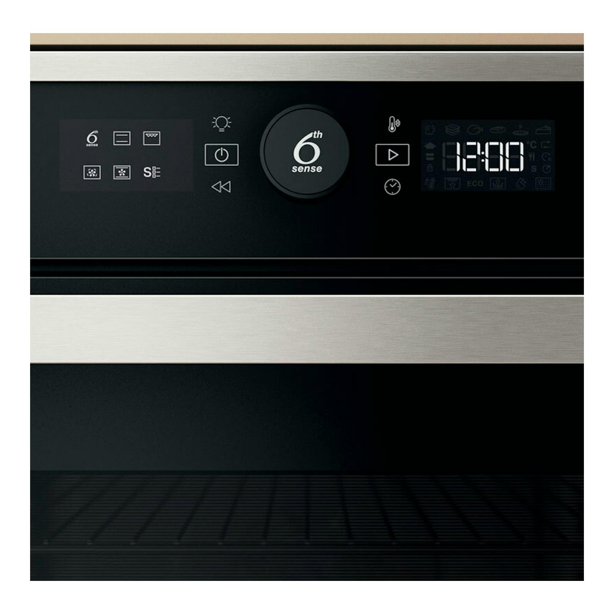 Horno Whirlpool WOI4S8PM1XA negro con frontal de acero inoxidable, panel digital y control táctil.
