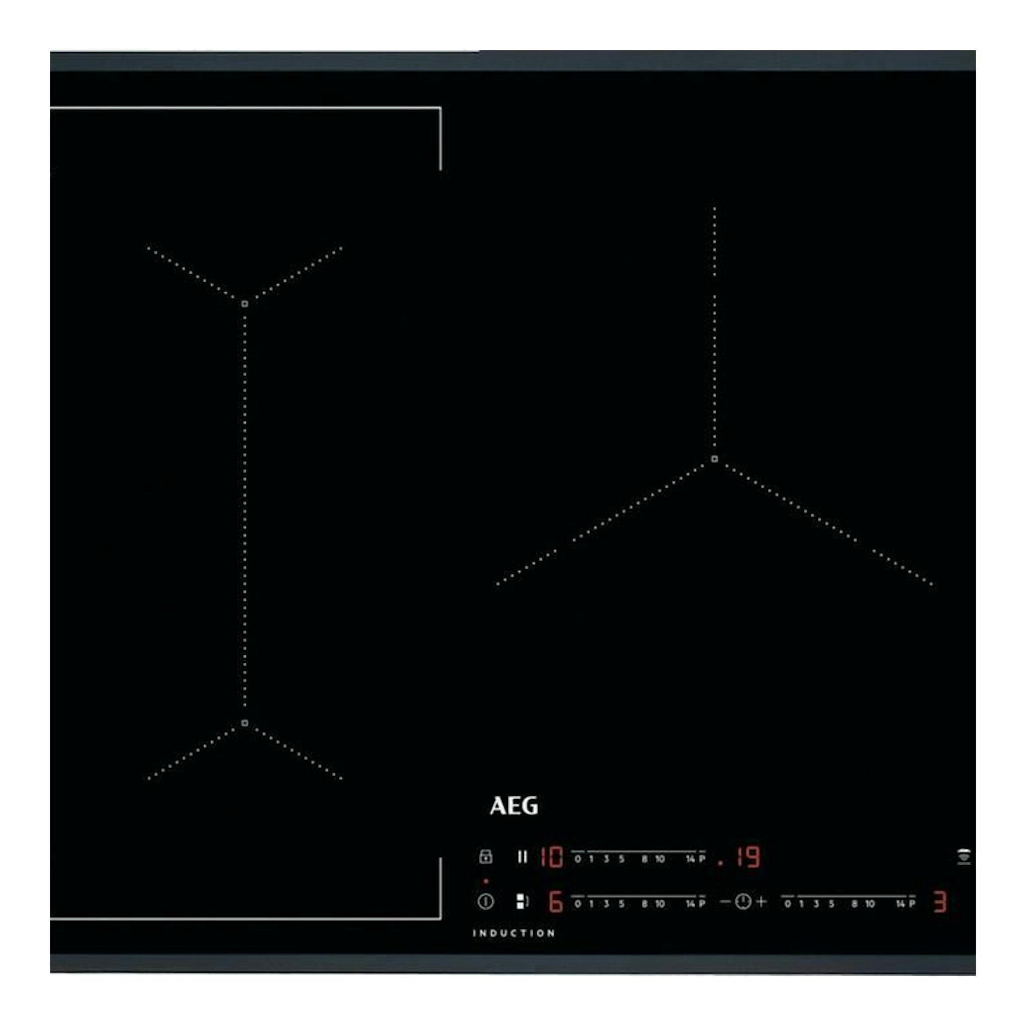 Placa de inducción AEG ILB63445FB negra, vista superior, con zonas de cocción punteadas y panel táctil.